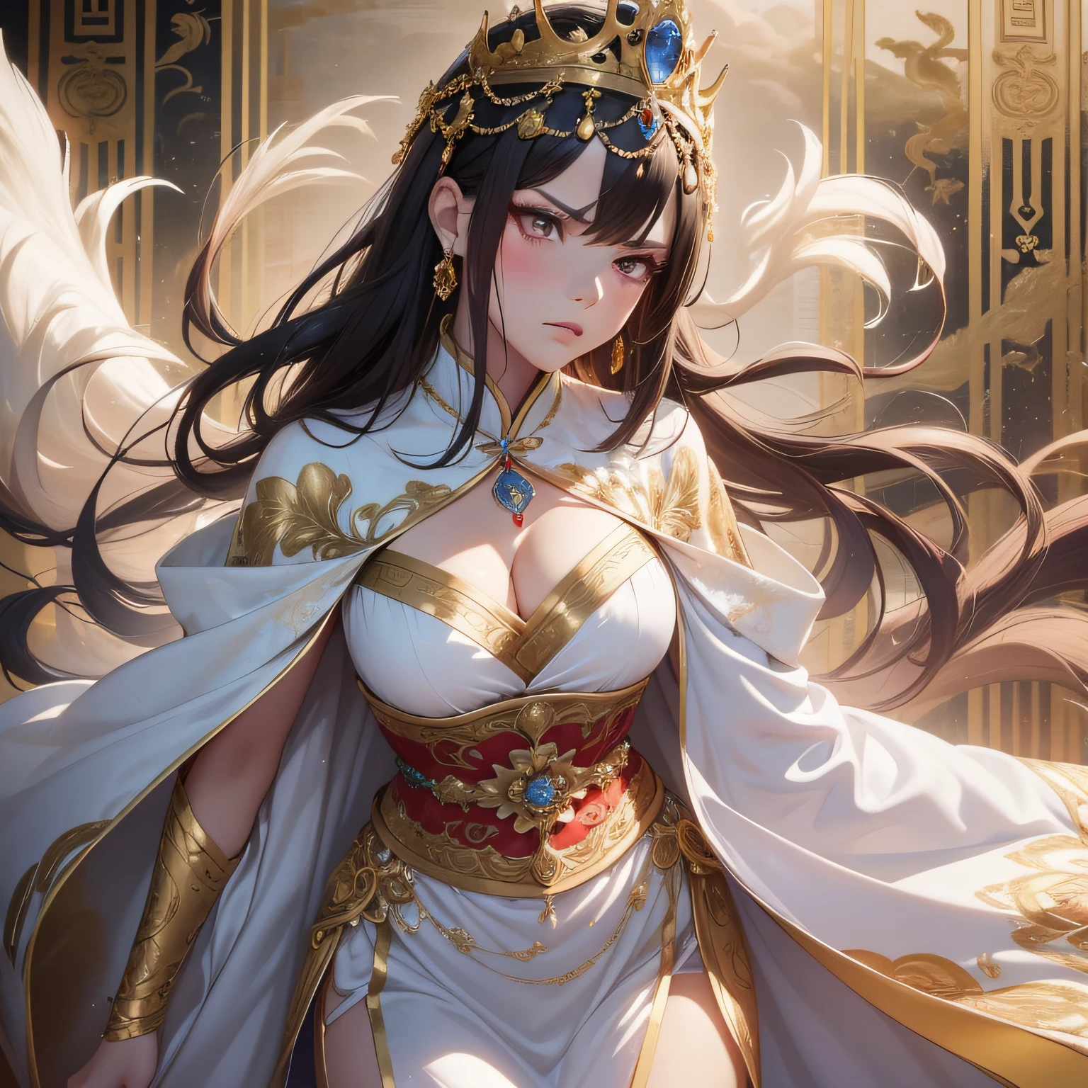 A closeup of a woman in a dress with a crown on her head, ((a beautiful empress in costume)), full-length Wuxia, flowing white robes, white and gold priestess robes,blush, determined look, angry,dark hair,golden accessories, golden belt,masterpiece,altamente detalhado, beautiful light, beautiful shadow,pantyless
