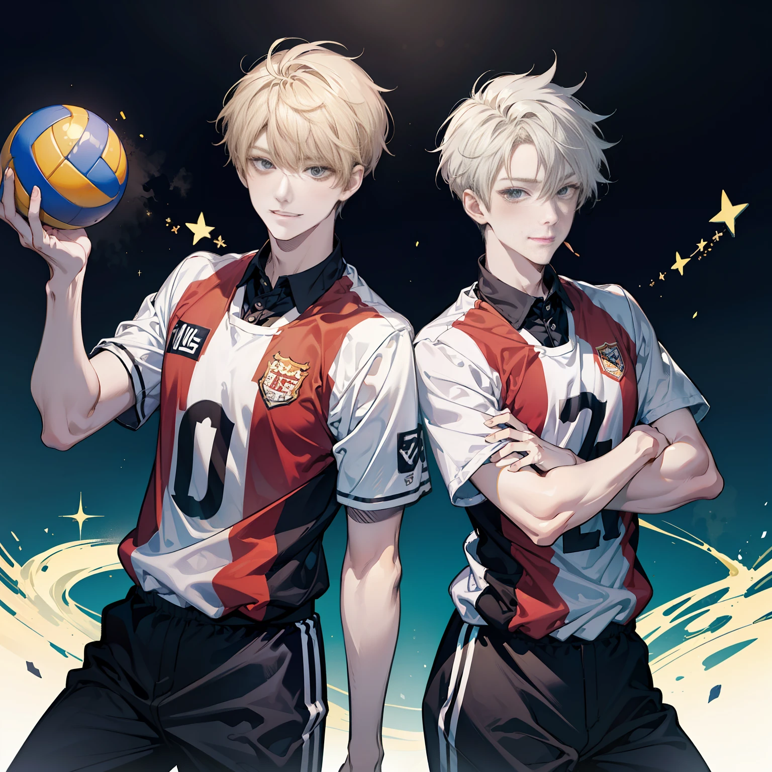 Blonde two-block young man and silver-haired two-block young man, twins, volleyball uniform, Haikyuu, Yu Miya, Miyaji, shoulder to shoulder, smiling, good friends, cheeks sticking, pose variations