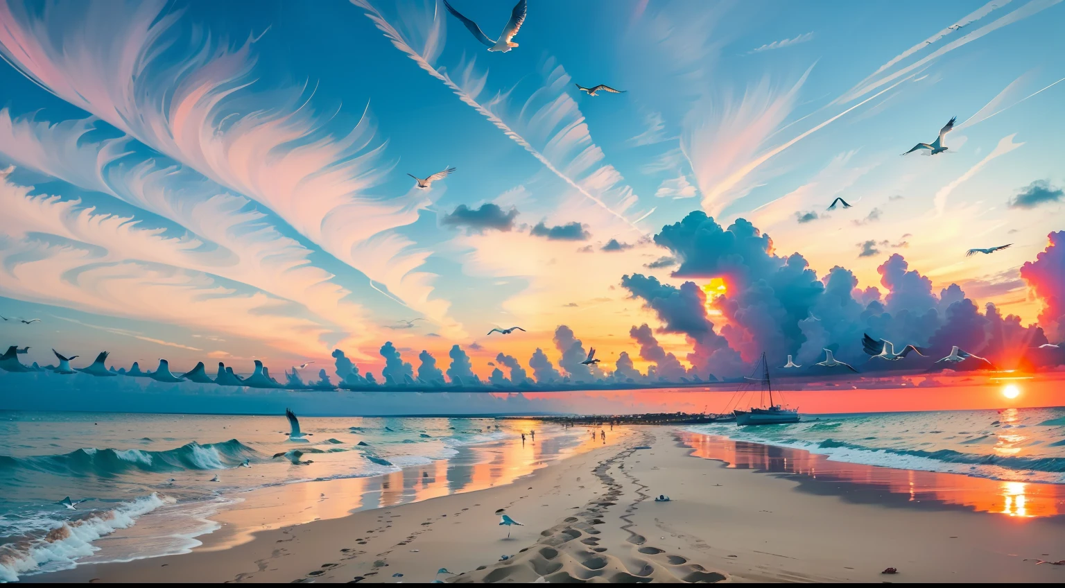 An absolutely mesmerizing sunset on the beach, with a mix of orange, pink, and yellow in the sky. The water is crystal clear, gently kisses the coast, and the white sand is endless. The scene is dynamic and breathtaking, with seagulls soaring high in the sky and palm trees swaying softly. Immerse yourself in the calm atmosphere and let the serenity surround you.
