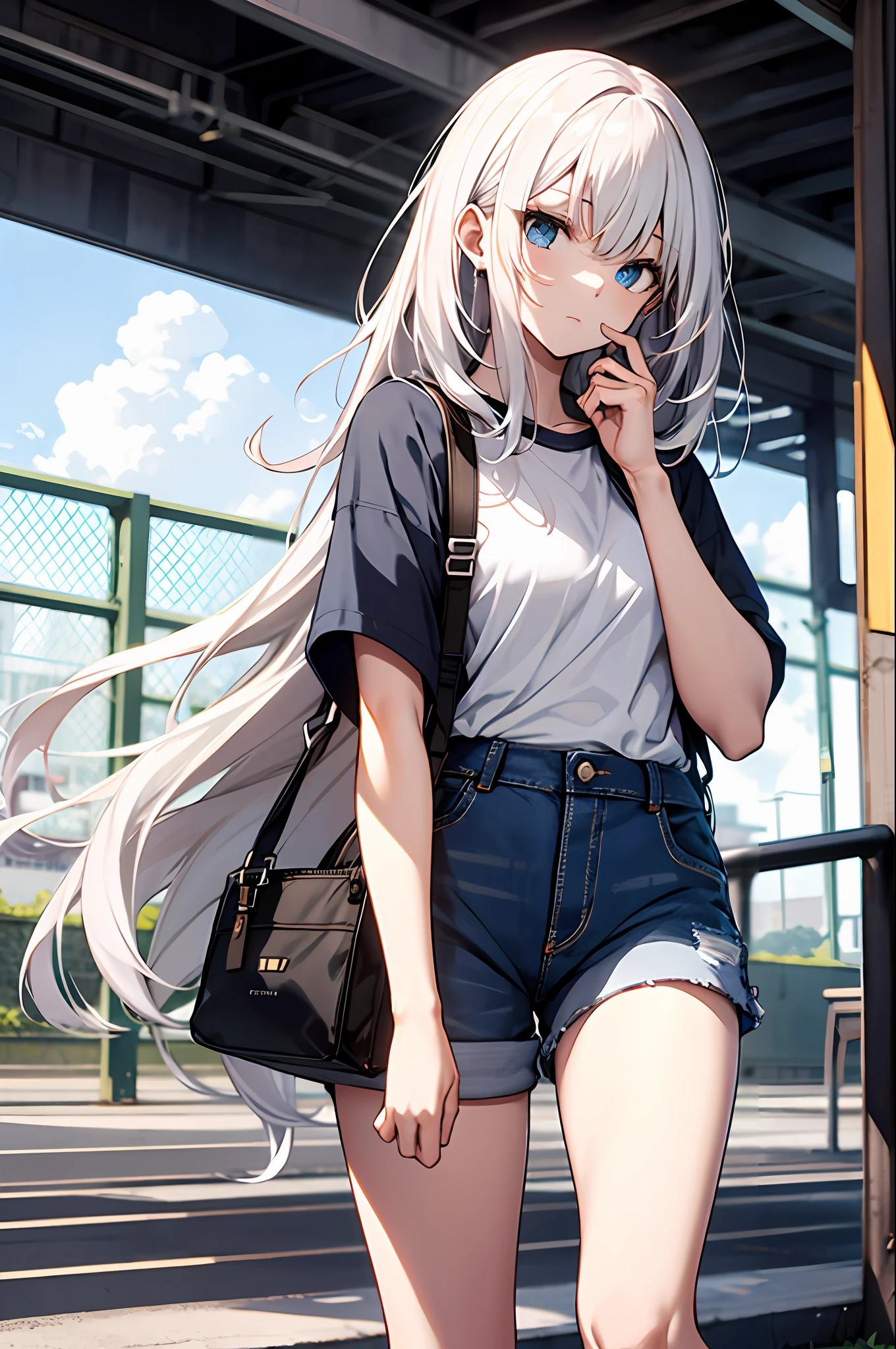 1 long white hair, goddess, shirt, denim shorts, sandals, delicate face