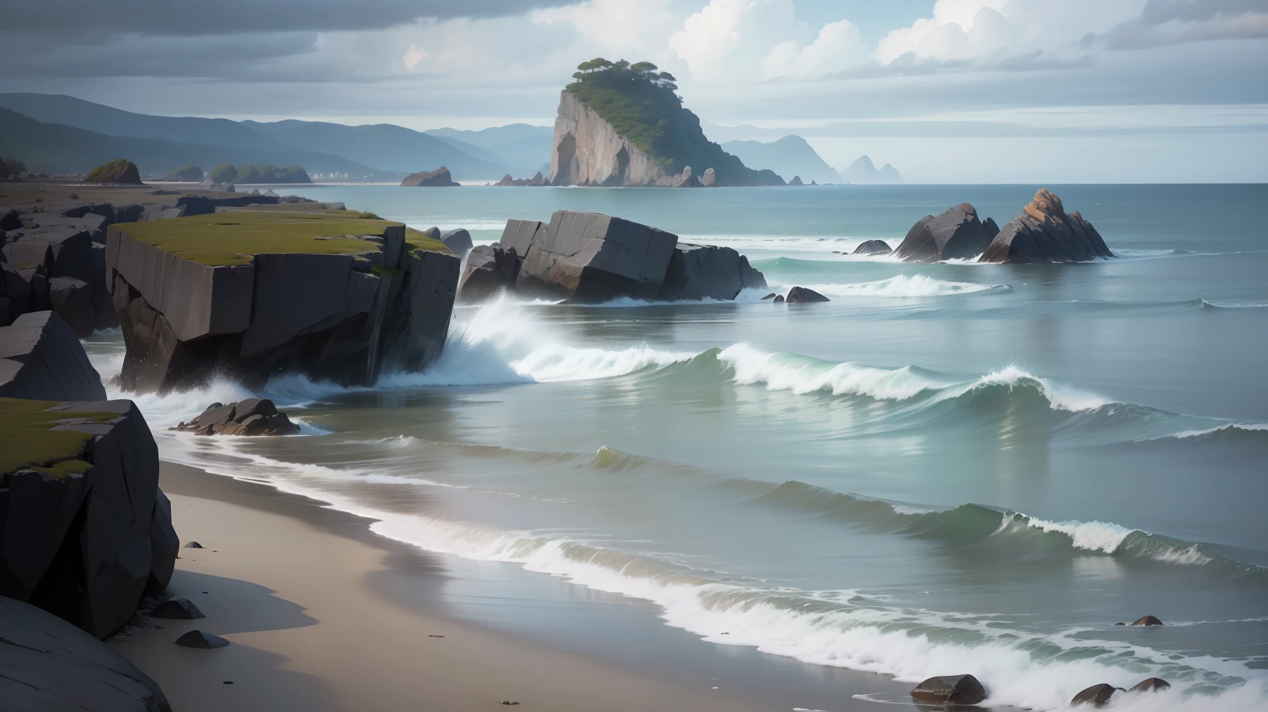sea, some rocks, grey look, sad look, sad, pretty and sad, pretty landscape, hyperreal, impressionism, realistic, realistic, hd, realistic, really pretty, REAL SEA