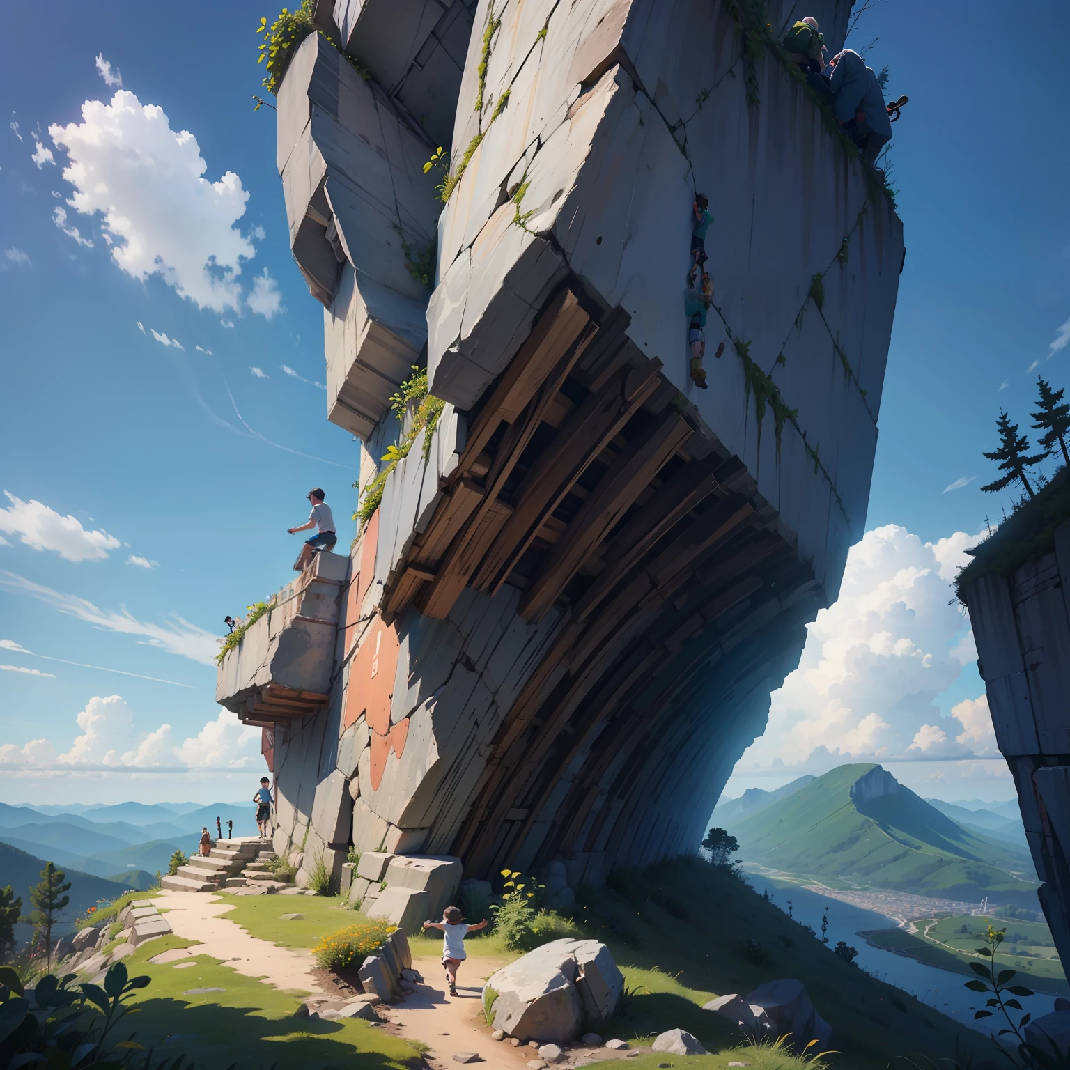 A little girl, a little boy, a middle-aged man, a middle-aged woman, climbing a mountain