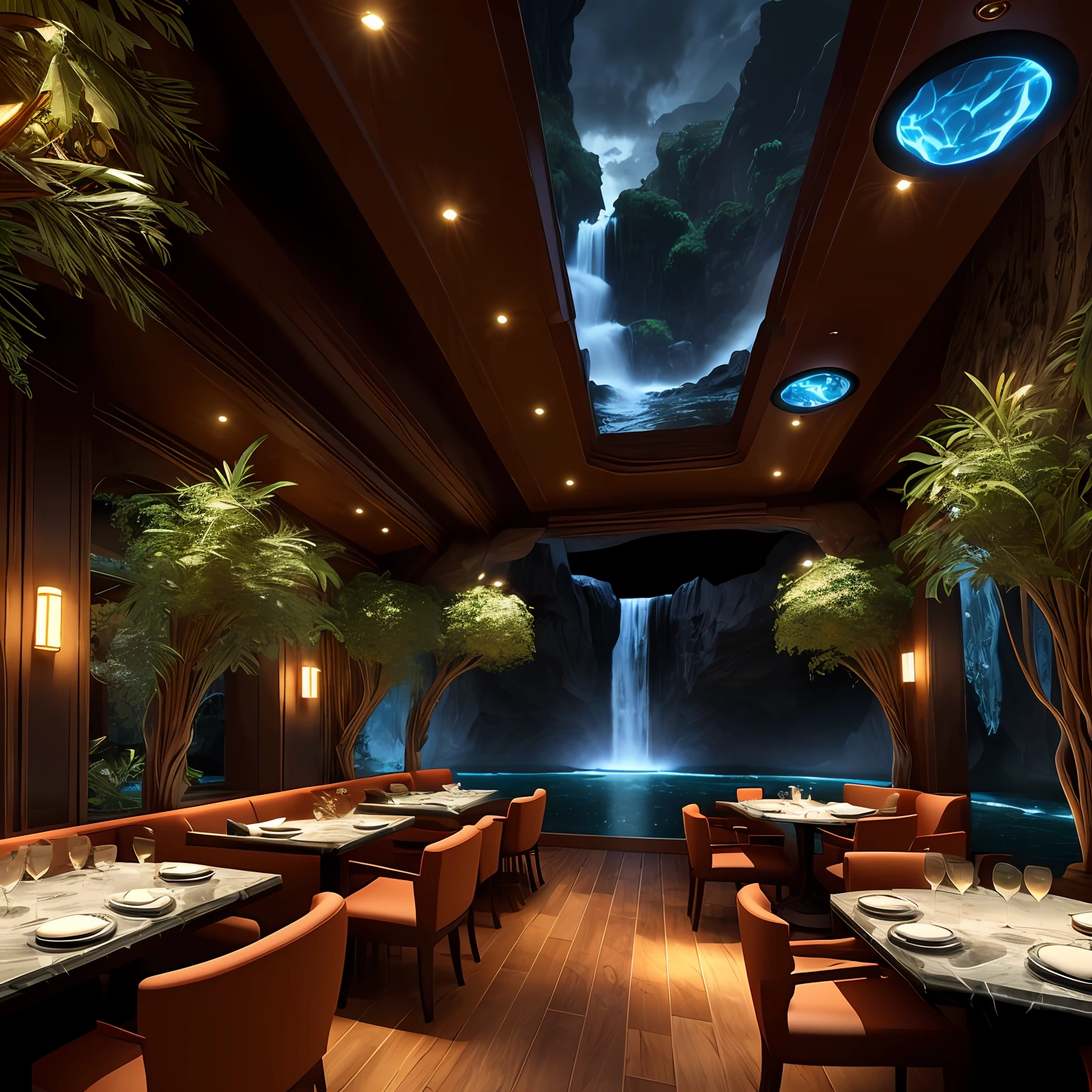 incredible Na'vi-inspired luxurious futuristic restaurant interior in Ancient Egyptian style with many ((lush plants)) (lotus flowers), ((palm trees)), rocky walls, (sand), ((waterfalls)) (marble), ((precious minerals)), ((metals)), (gemstones), crystals, clouds and ((water)), (hieroglyphics), ((trees and plants made out of gemstones and precious minerals and lights)), crocodiles, (((ultra luxury))), (black marble) – with ((beautiful lights)), Unreal Engine, HQ, 16k --auto