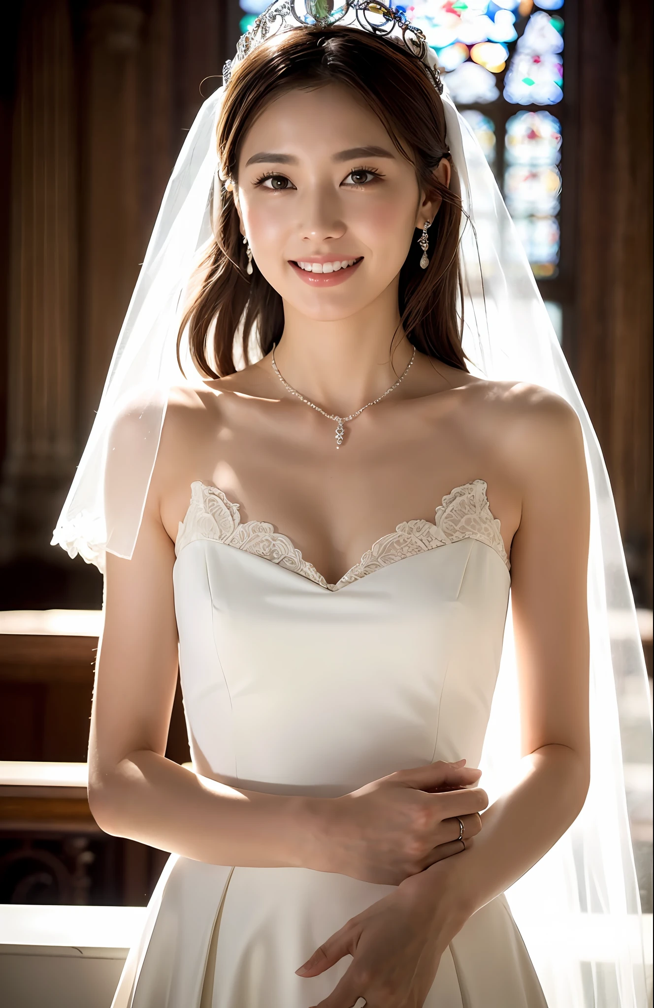 Turbulent posture, (very delicate and beautiful work), (masterpiece), 1girl, girl in a wedding dress with a tiara on her head, church front veil, lace, high definition, ridiculous, charming expression, smile, beautiful clear eyes, green eyes, delicate necklace, delicate earrings, full body, simple background blur, ultra-fine depiction, beautiful, attractive, ultra-fine painting, delicate face, delicate figure, thin collarbone, nice lips, beauty big, soft back, mix4, (8k, RAW photos, top quality), masterpiece: 1.2), (realistic, photorealistic: 1.37), one girl, cute, professional lighting, photon mapping, radiosity, physically based rendering