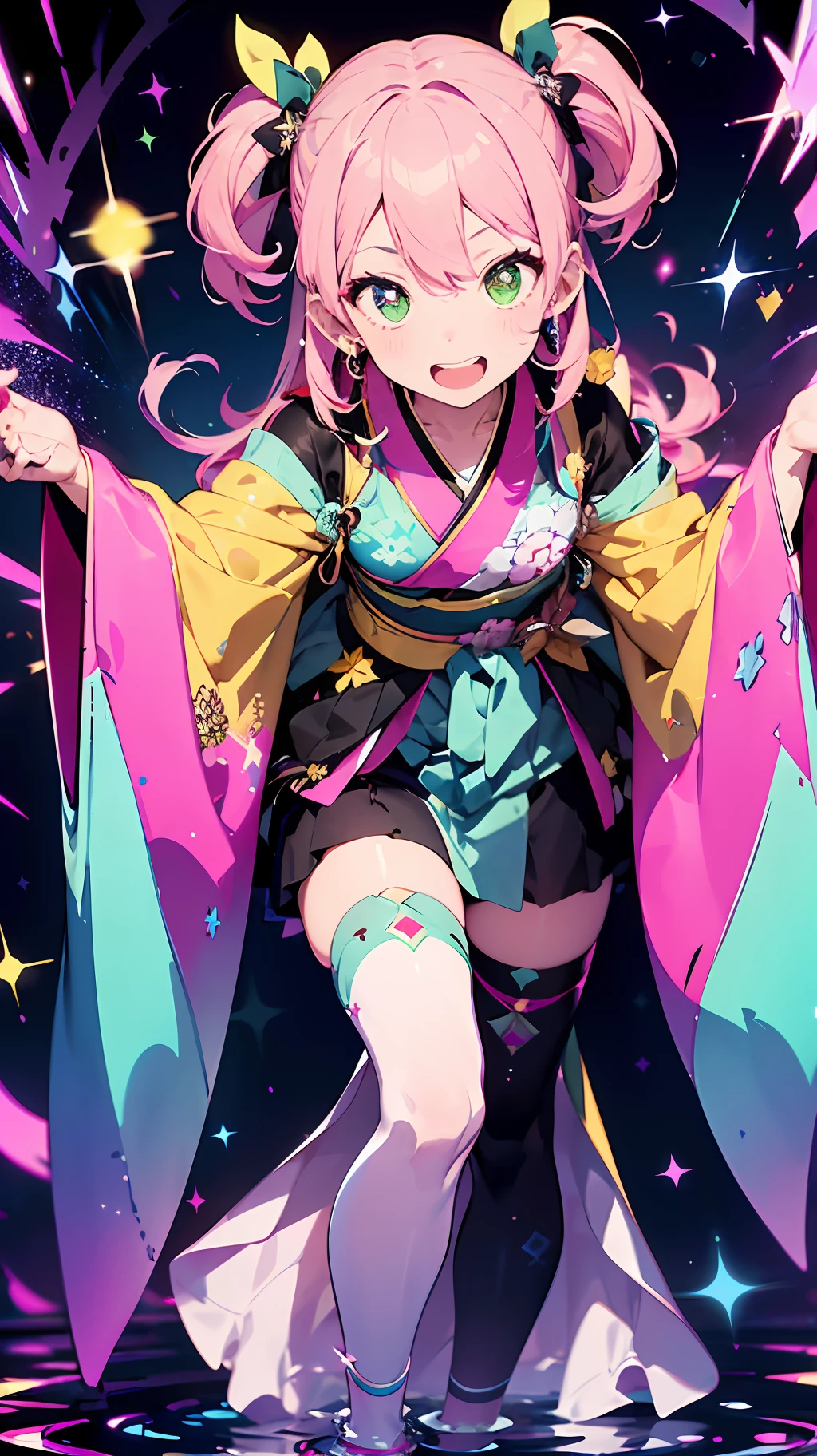 (masterpiece), (super detailed, top quality, high resolution, 8k wallpapers, beautiful clothes)) Full body (1 person) ((pink hair, long hair, straight hair, both sides up)) (green eyes), eyeshadow, eyeliner, glowing eyes, ultra-detailed eyes, complex eyes, beautiful eyes, (Glowing pink pupil))) 18 year old girl. She wears a transparent kimono made of PVC material. Shoulder exposure, spread arms ((High Contrast RGB Effect, LED Effect, Kaleidoscope Effect, Shining Effect, Ripple Effect, Glitter RGB Effect)). Shiny kimono. Colorful kimono, shining kimono (black background: 1.5)