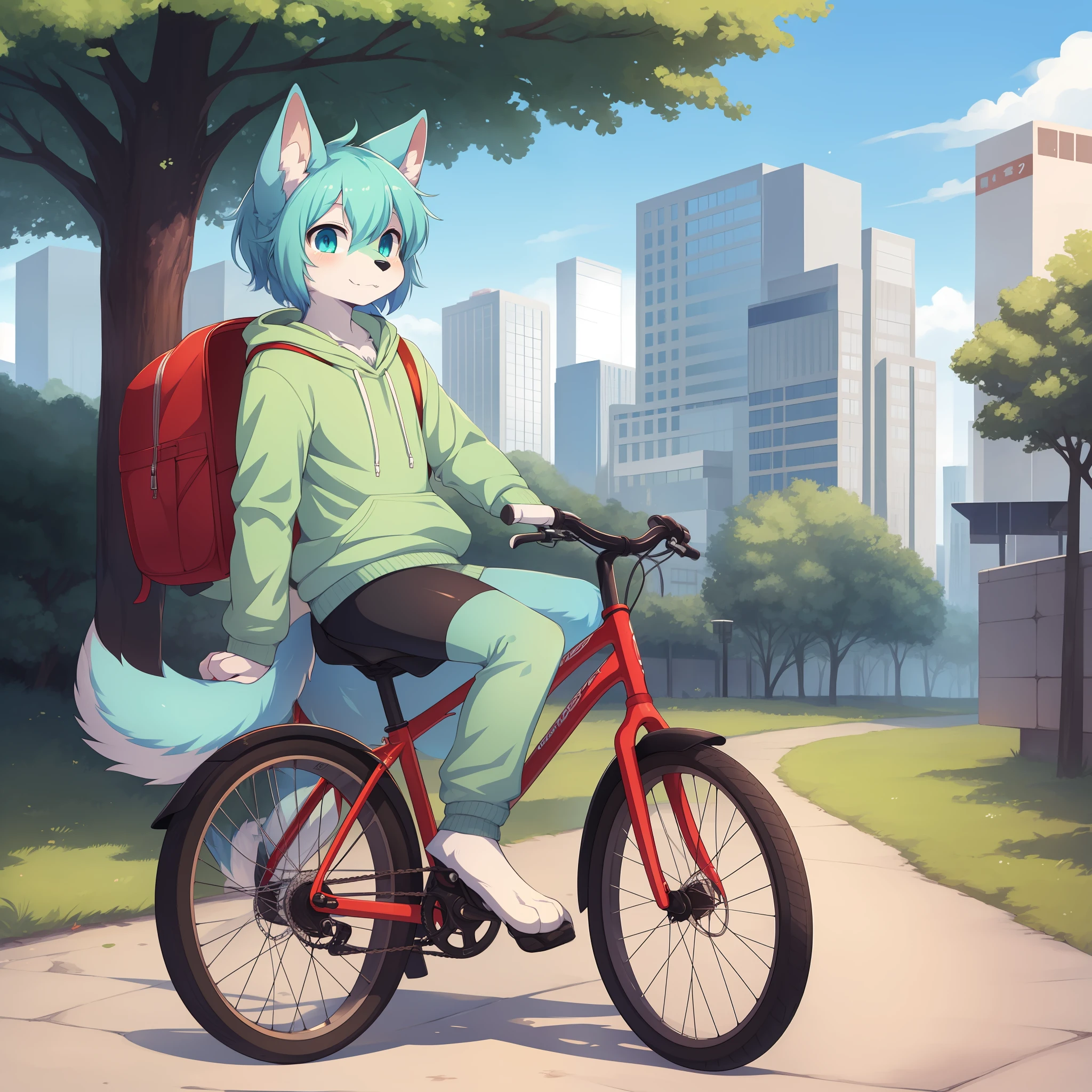 Furry Art, (anthro, fluffy fur, character focus: 1.1), by dagasi, yupa, kiyosan, Wolf, male, solo, SFW, short hair, bright eyes, furry male, dark blue eyes, mint green fur, sunny weather, bicycle, sweatshirt, black backpack, green path on the outskirts of the city