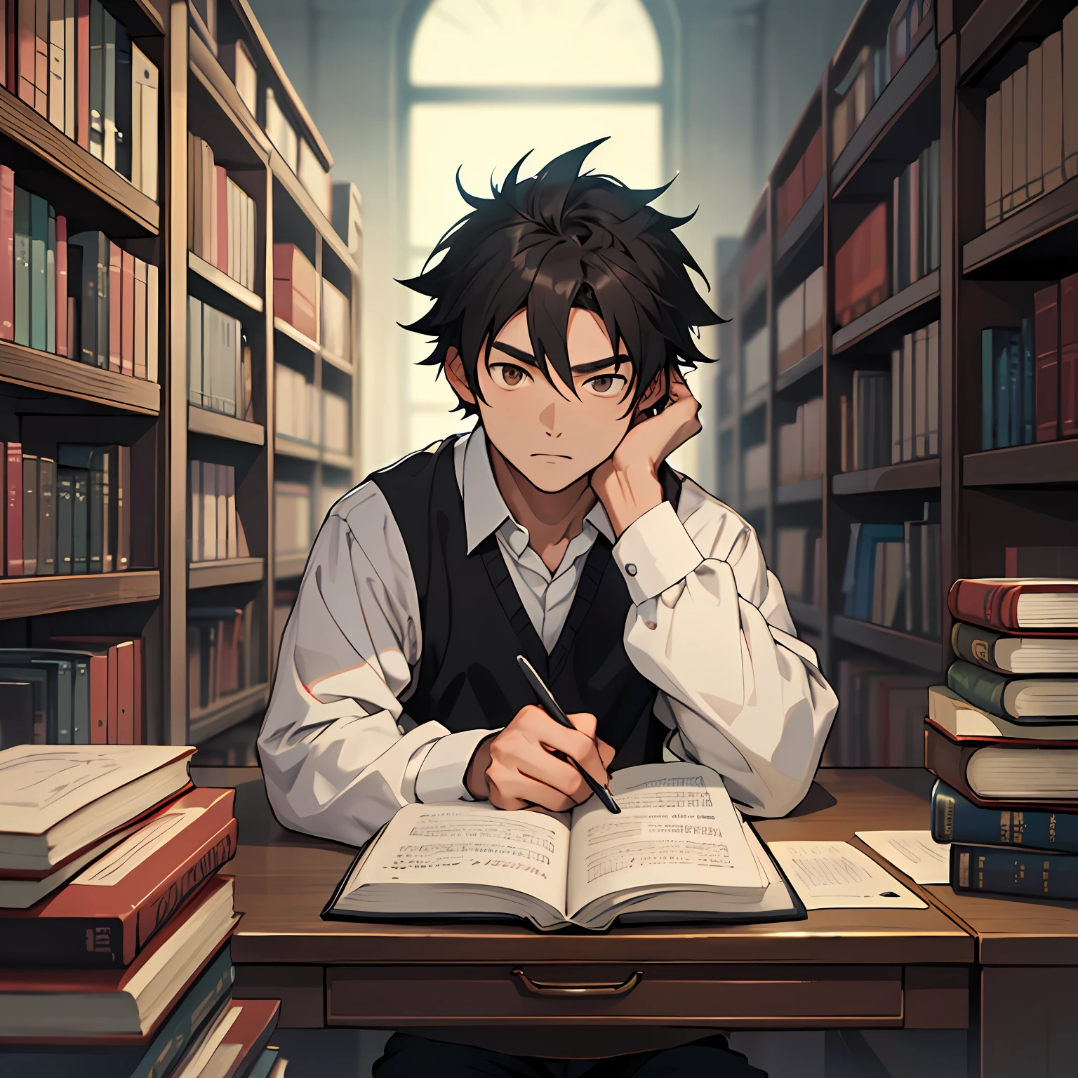 Best quality: 1.0), (Ultra High Resolution: 1.0), anime boy, short black hair, brown eyes, sitting at desk reading a book, background in library,