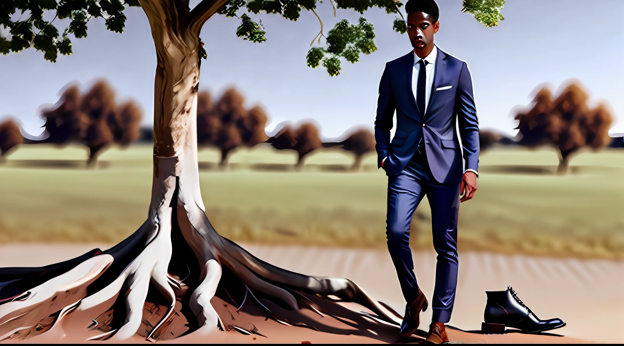photo, beautiful picture, male suit and male shoes standing at the base of a tree, realistic, walking, taking a step, seen from the side, ground is dirt, clear photo, realistic tree