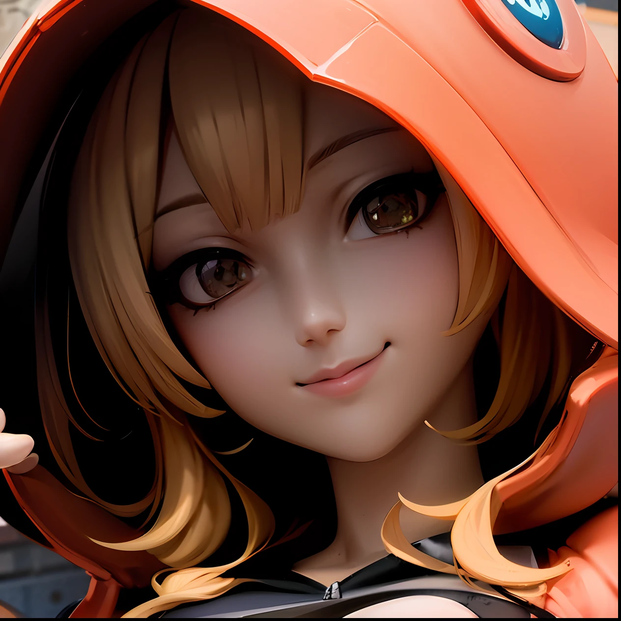 girl, blonde hair, evil smile, medium hair, angle from below, zip hoodie with orange color,