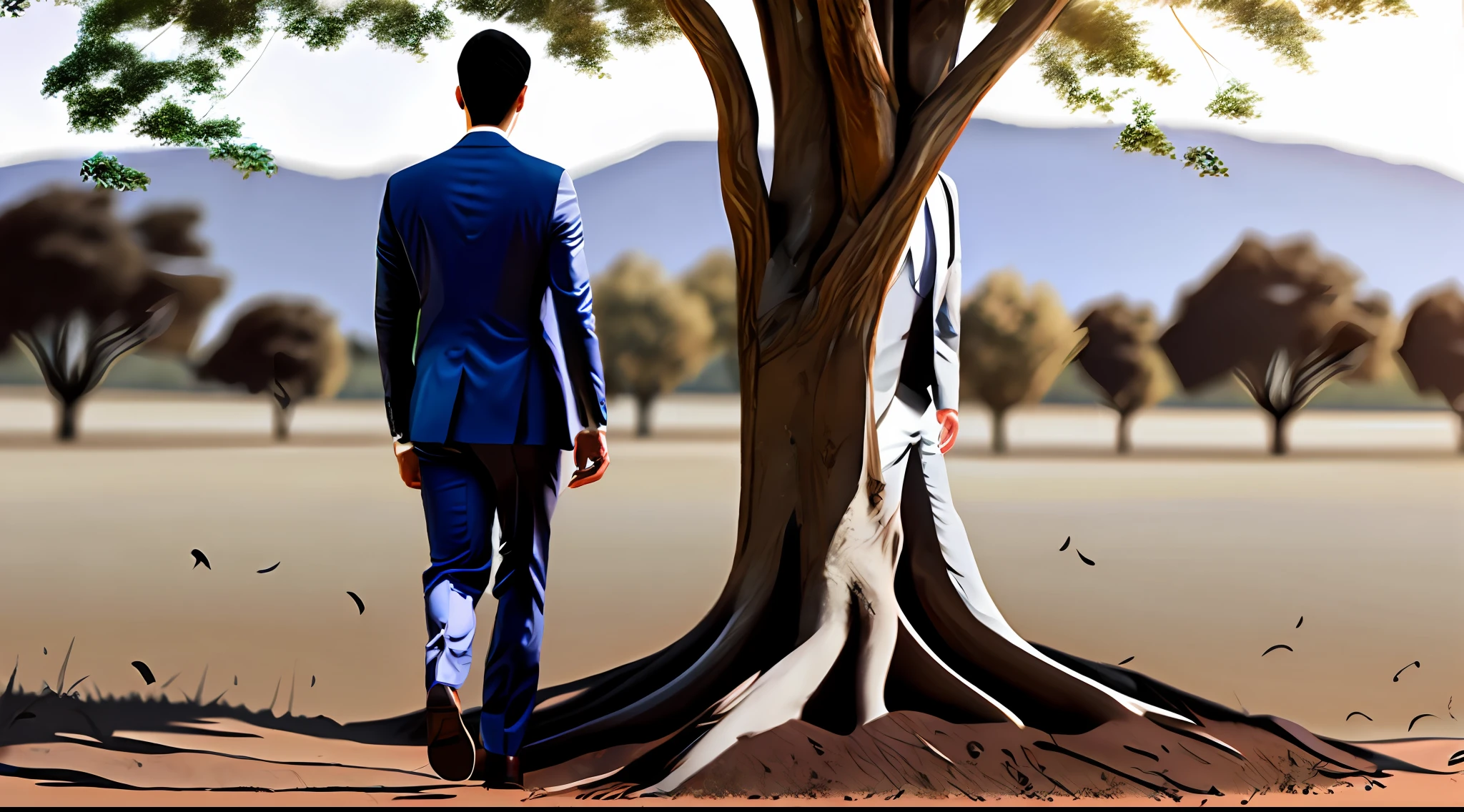 photo, beautiful picture, male suit and male shoes standing at the base of a tree, realistic, walking, taking a step, seen from the side, ground is dirt, clear photo, realistic tree