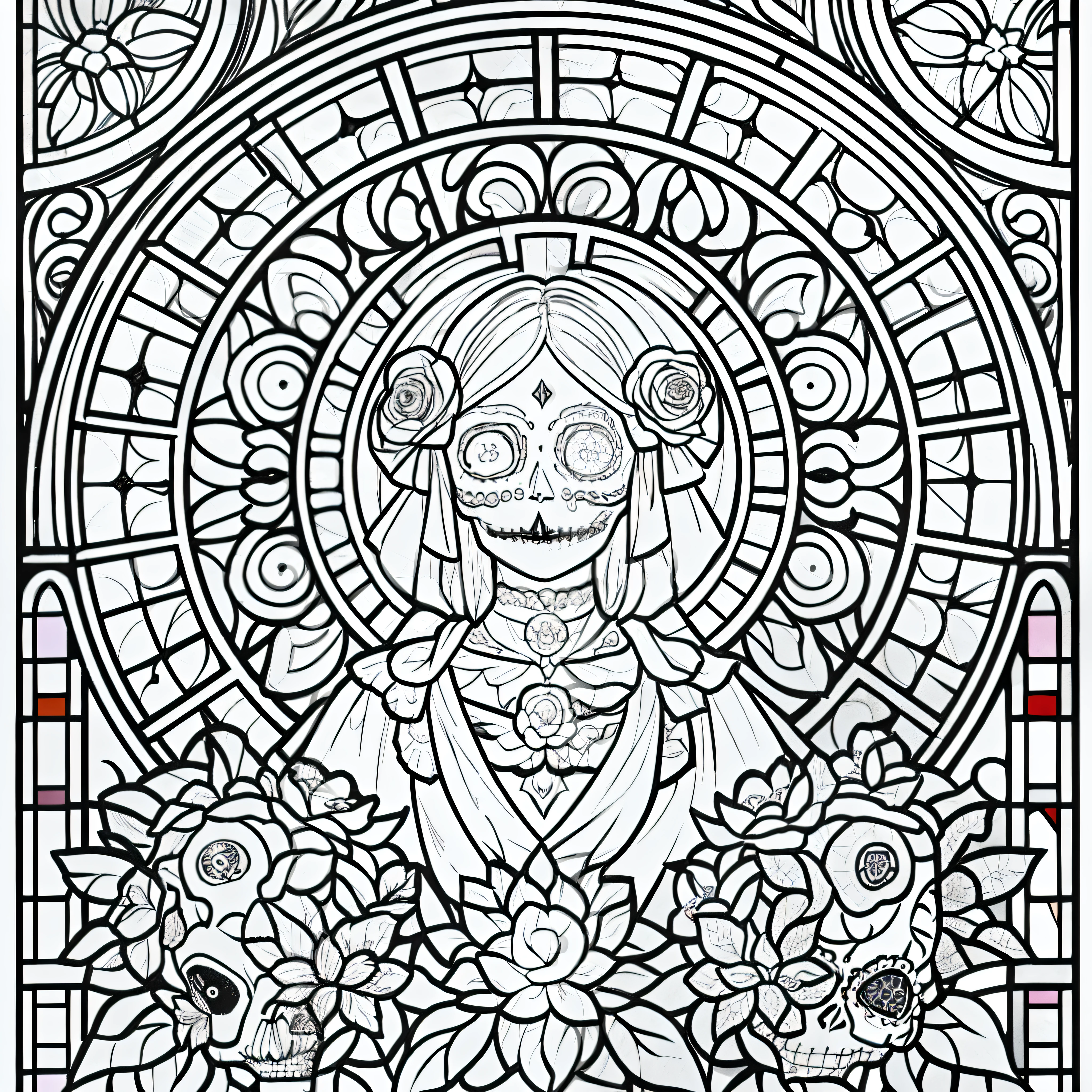 Masterpiece, best quality, (detailed background), high contrast, decorated sugar skull, flower background, medium and clean line drawings, stained glass type, art nouveau, vector