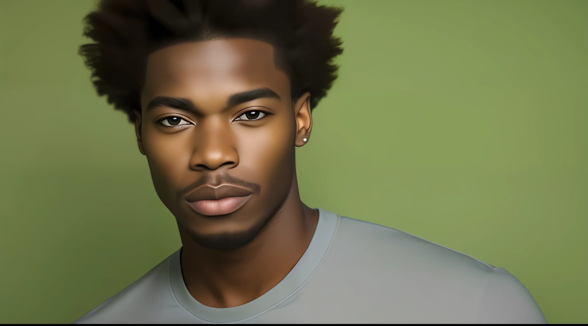 Portrait of handsome black man, face zoom, frontal vision, serious expression, short hair and no beard, green background, fit on page