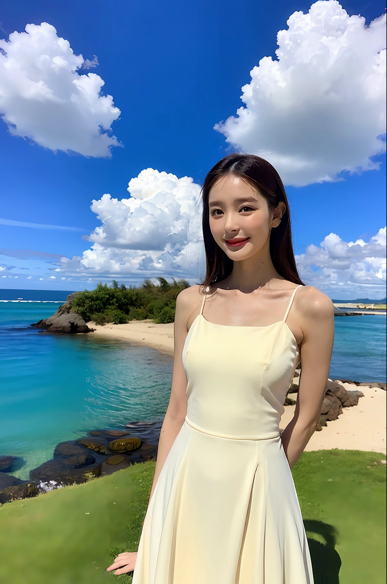 (Best Quality, 4K, Masterpiece, UHD, Real: 1.2), (Interior Lighting: 1.3), Natural Shadows, 1girl, Solo, 18 years old, wearing a white dress, (Fair skin: 1.3), Skin details, half-body, tall and thin beauty goddess, off-white flowing dress, stunning elegant posture, long and elegant, thin waist, elegant, confident, very beautiful, long skirt, blue sky, white clouds, beach,