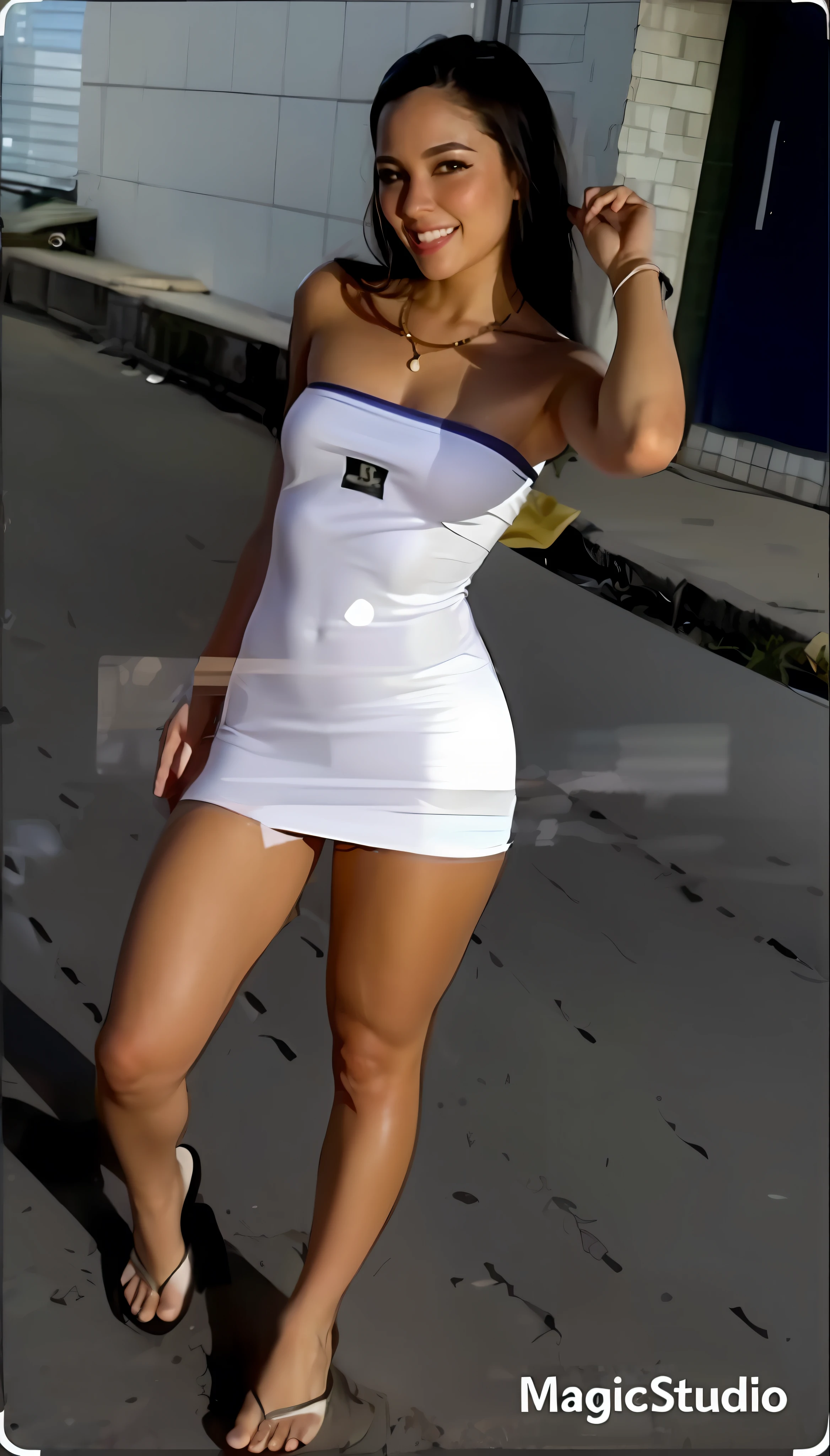 A closeup of a woman in a white dress posing for a photo, wearing a short wet white dress, tube dress, short minidress, female model of 2 4 years, looks like Fabiula Nascimento, 20-year-old woman from Cuba, full body white dress, tight dress, short dress, white miniskirt face of Thaís Fersoza