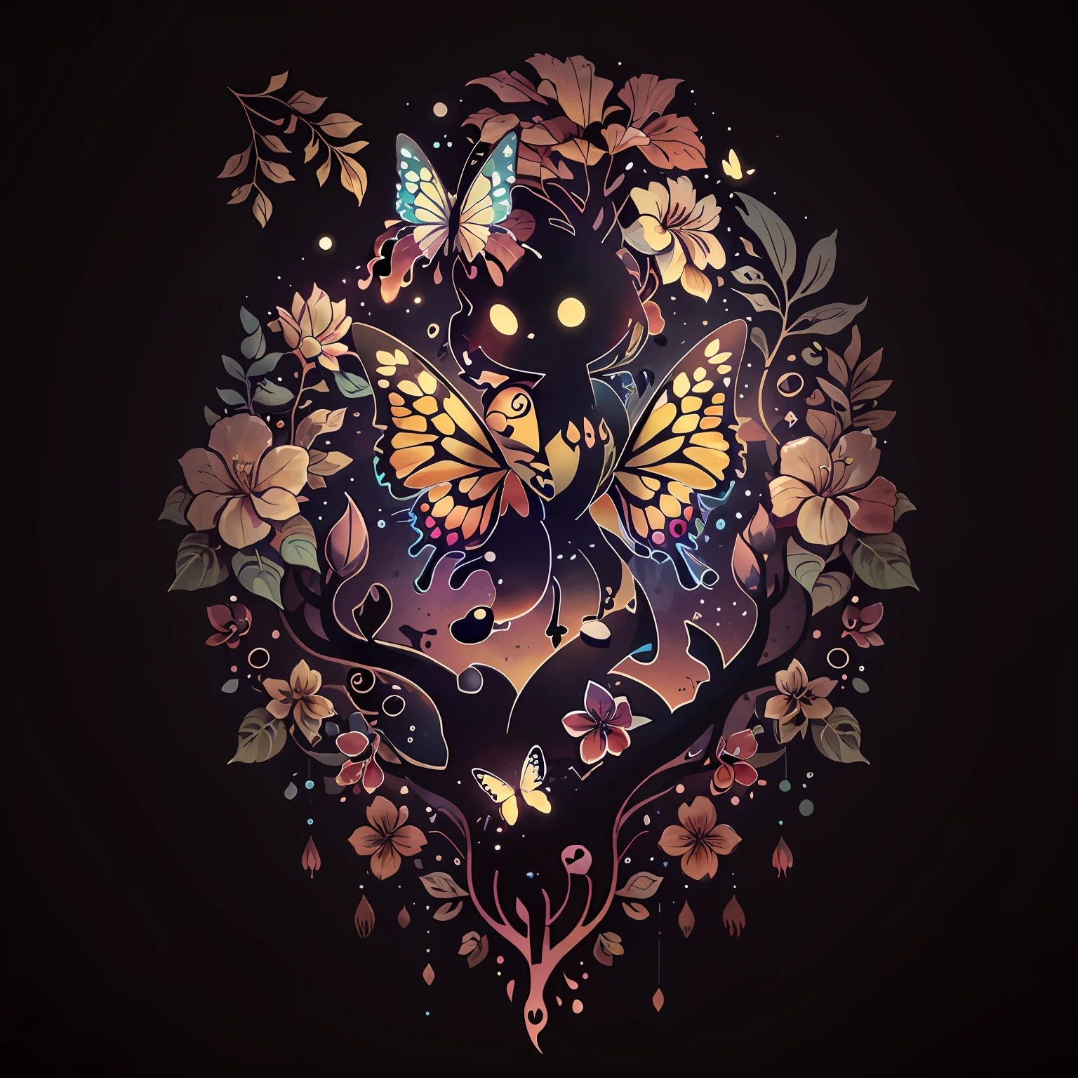 cute 00d, butterfly, tree, flower, {deep black background}