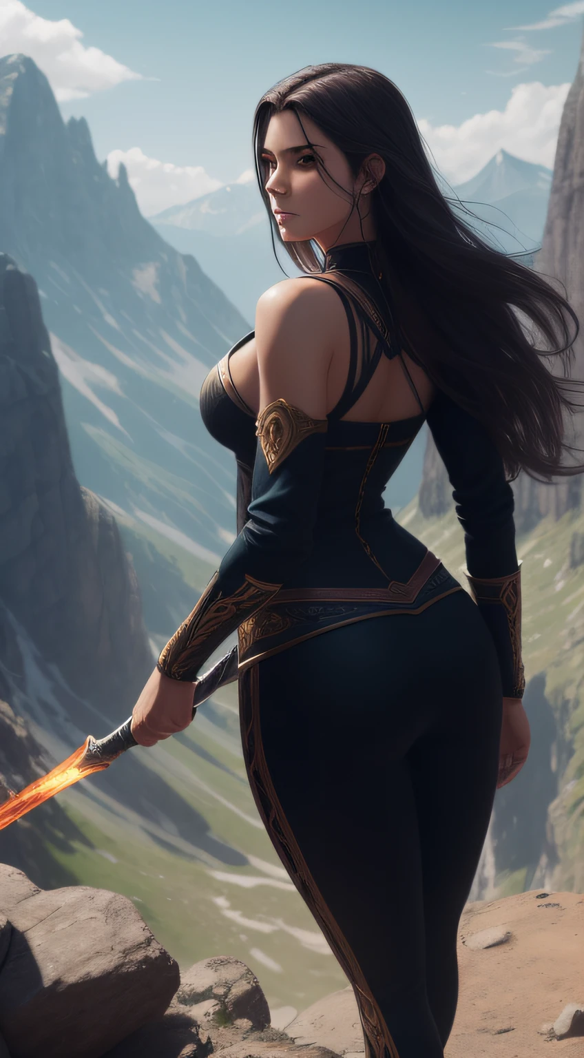 Depicting a scene at the top of the mountain. A sexy and slender woman, tall and beautiful, stands confidently. He has long, flowing hair, a beautiful face, and piercing blue eyes. Her outfit accentuates her slender figure. Behind it, there is a stunning mountain landscape with stunning views and a clear blue sky. The atmosphere is mysterious and captivating, with a sense of power and bravery emanating from the mountain warrior. The style should resemble Artstation, with a digital painting aesthetic.