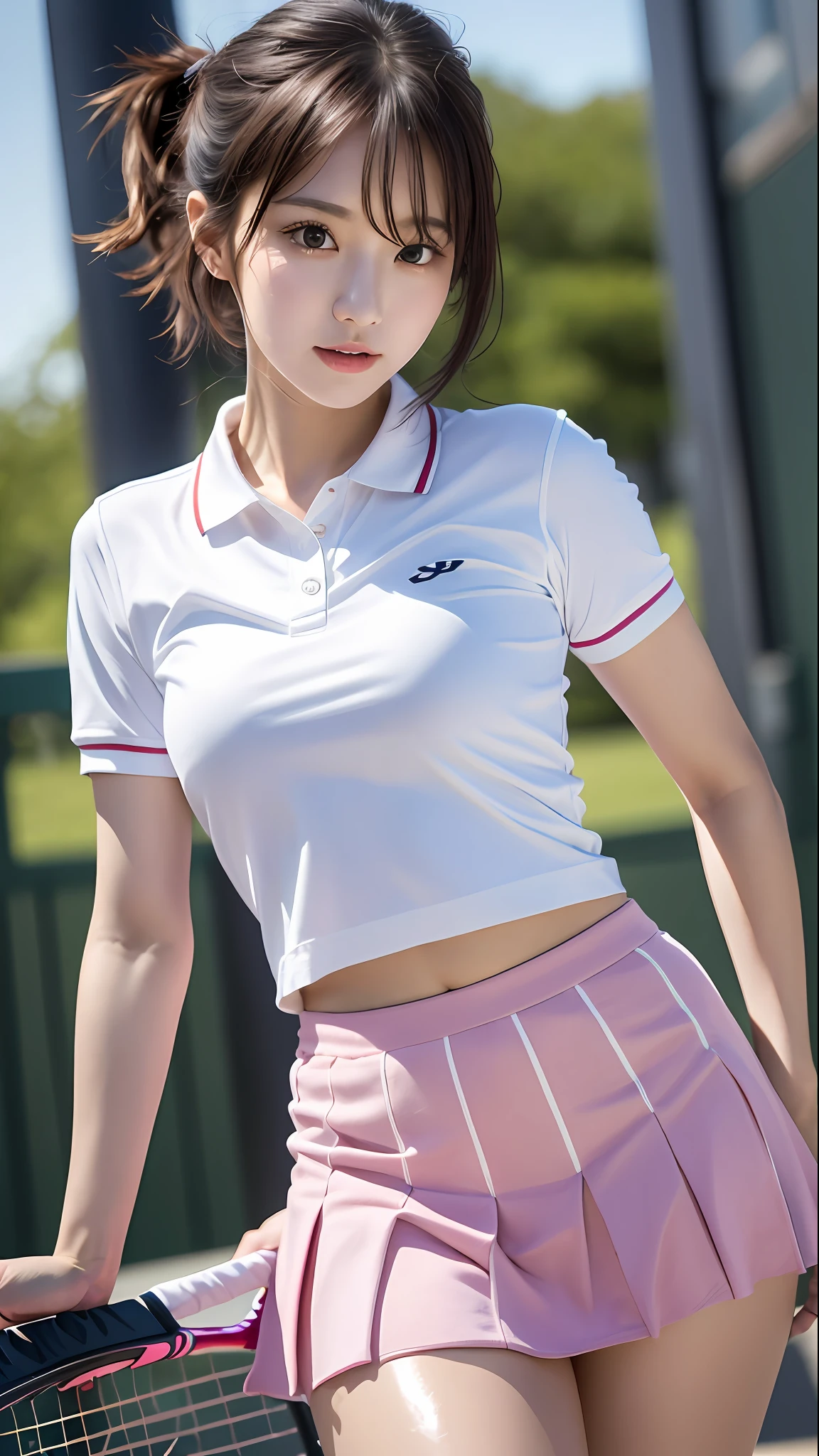 1 girl, solo, white polo shirt, white sneakers, pink tennis wear: 1.3, white mini skirt, masterpiece, top quality, realistic, hyper detail, (glossy skin, sweaty: 1.4), absurdity, camera gaze, short black hair, brown eyes, slender, dynamic lighting, high resolution, sharp focus, depth of field, detailed eyes, sharp eyes, realistic eyes, (big: 1.2), (Thick Thighs: 1.0), Outdoor, Sky, Korean Idol, Nogizaka Idol, Gravure Idol, Actress,