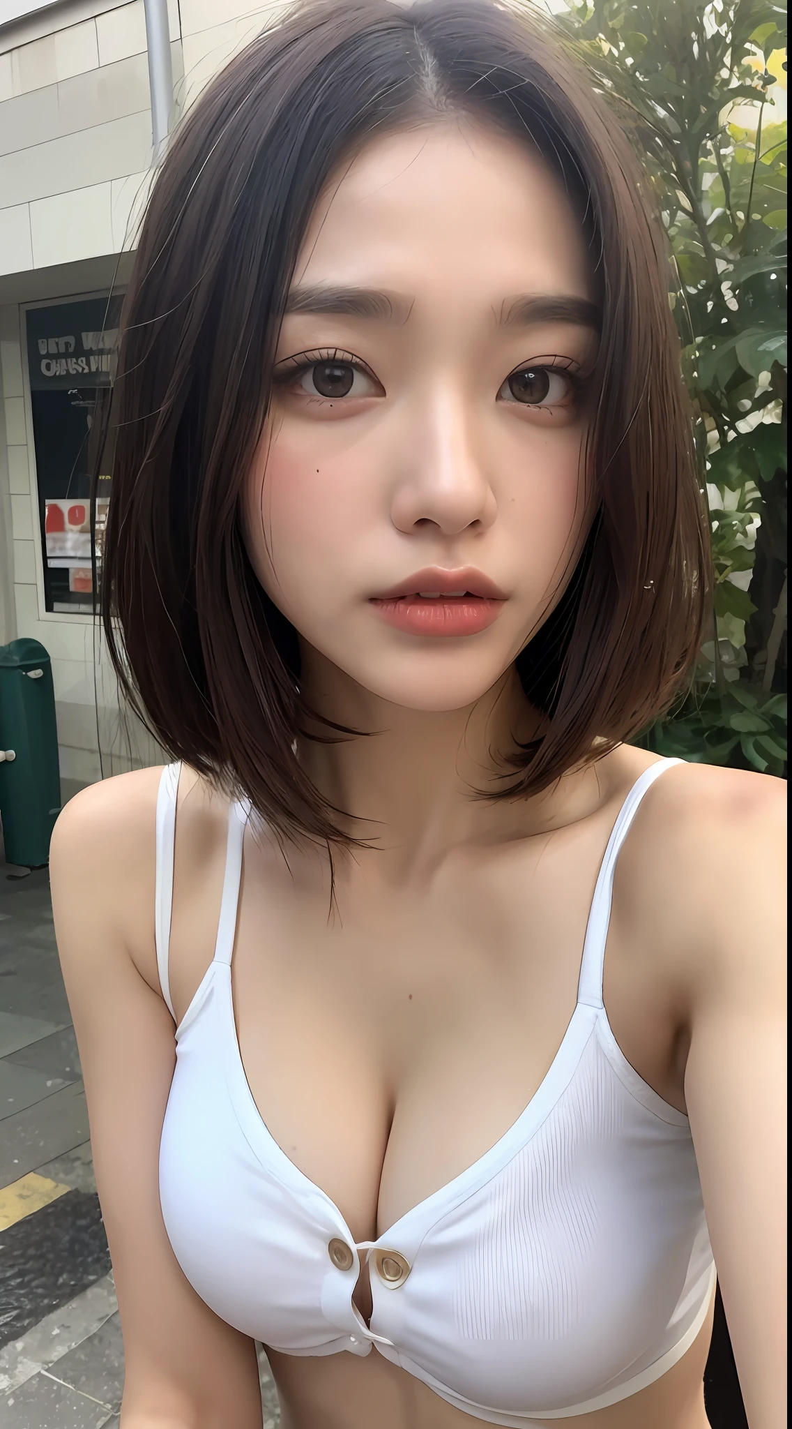 ((Best quality, 8k, Masterpiece: 1.3)), Sharp focus: 1.2, A beautiful woman with perfect body: 1.4, Slim abdomen: 1.2, ((Layered haircut, Large breasts: 1.2)), (no bra) (Small and beautiful hard nipple) (Thin and damp button up to shirt length: 1.1), (White shirt wet by rain), (Rain, Street: 1.2), Wet body: 1.1, Highly detailed face and skin texture, Detailed eyes, Double eyelid, tanned skin, sexy, tan, dark skin, tanned body, exposed shoulders, cleavage