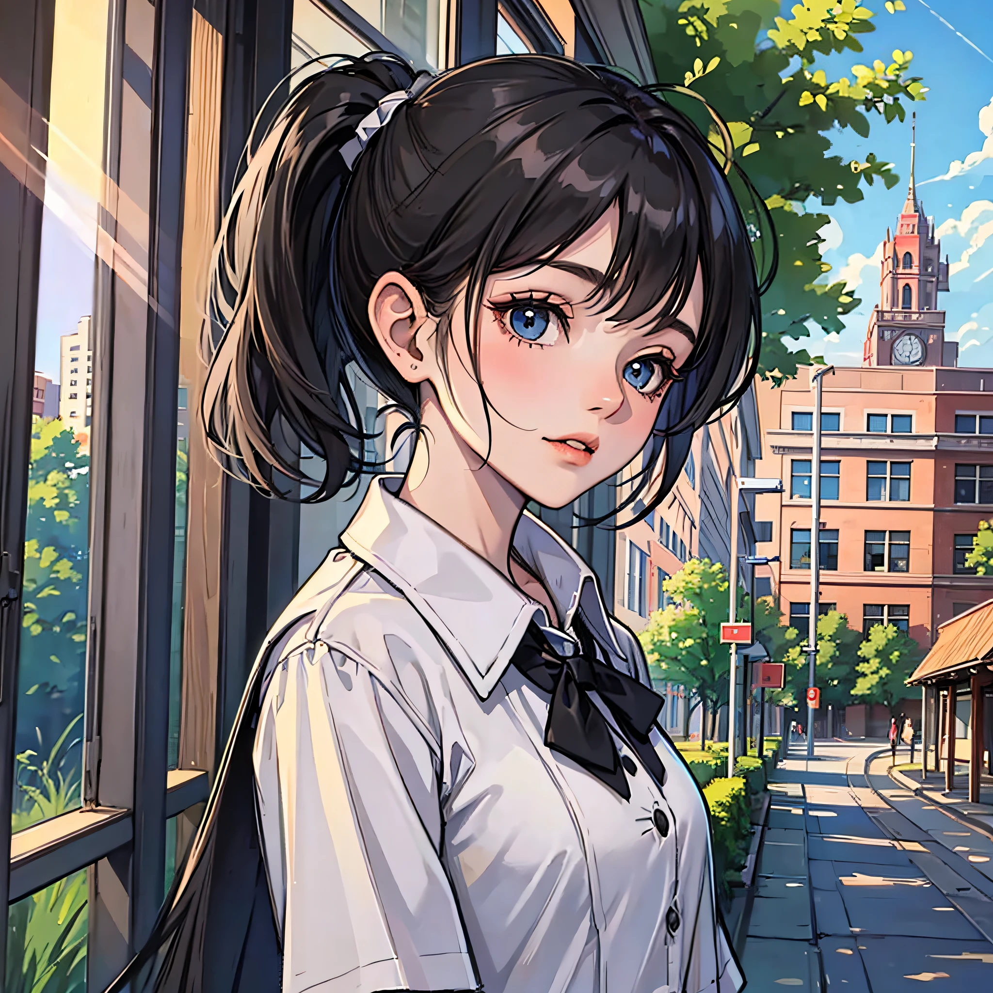 A  girl with a black ponytail, wearing a school uniform, ruddy and shy, with a campus in the background