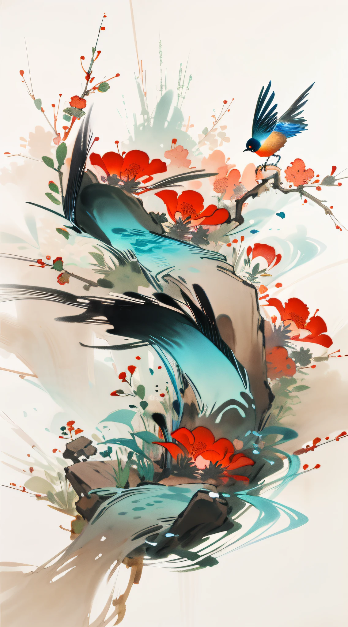 Flowers and birds, [(white background:1.5)::5], medium view, full body, chinoiserie, flowers, stone fragments, beautiful and delicate water, wood grain floor,