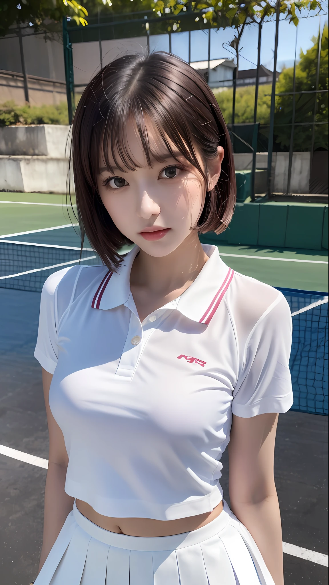 1 girl, solo, white polo shirt, white sneakers, pink tennis wear: 1.3, white mini skirt, masterpiece, top quality, realistic, hyper detail, (glossy skin, sweaty: 1.4), absurdity, camera gaze, short black hair, brown eyes, slender, dynamic lighting, high resolution, sharp focus, depth of field, detailed eyes, sharp eyes, realistic eyes, (big: 1.2), (Thick Thighs: 1.0), Outdoor, Sky, Korean Idol, Nogizaka Idol, Gravure Idol, Actress,