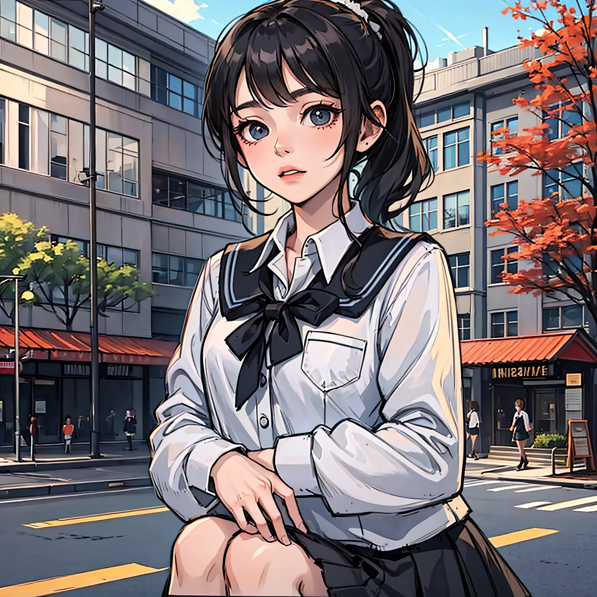 A little girl with a black ponytail, wearing a school uniform, ruddy and shy, with a campus in the background
