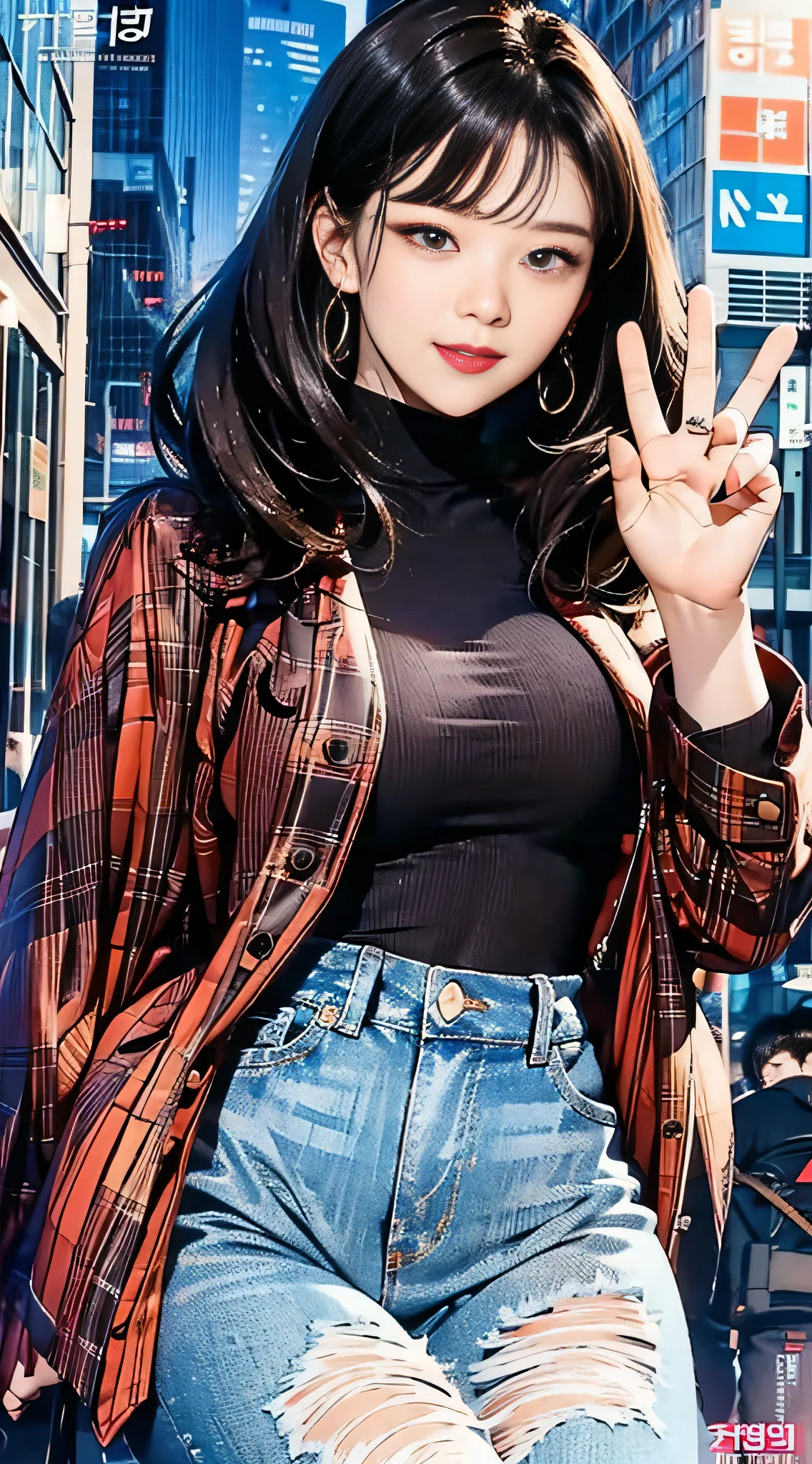 (masterpiece, best quality), beautiful woman, printed cropped turtleneck shirt, jacket, jeans, wavy hair, asymmetrical bangs, waving at the viewer, perfect face, beautiful face, alluring, big gorgeous eyes, soft smile, perfect slim fit body, city streets, (outdoor), seoul, bright colors