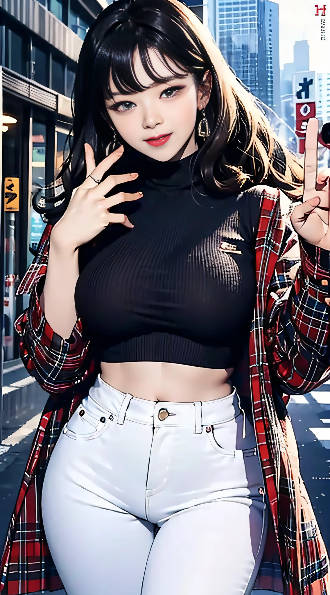 (masterpiece, best quality), beautiful woman, printed cropped turtleneck shirt, jacket, jeans, wavy hair, asymmetrical bangs, waving at the viewer, perfect face, beautiful face, alluring, big gorgeous eyes, soft smile, perfect slim fit body, city streets, (outdoor), seoul, bright colors