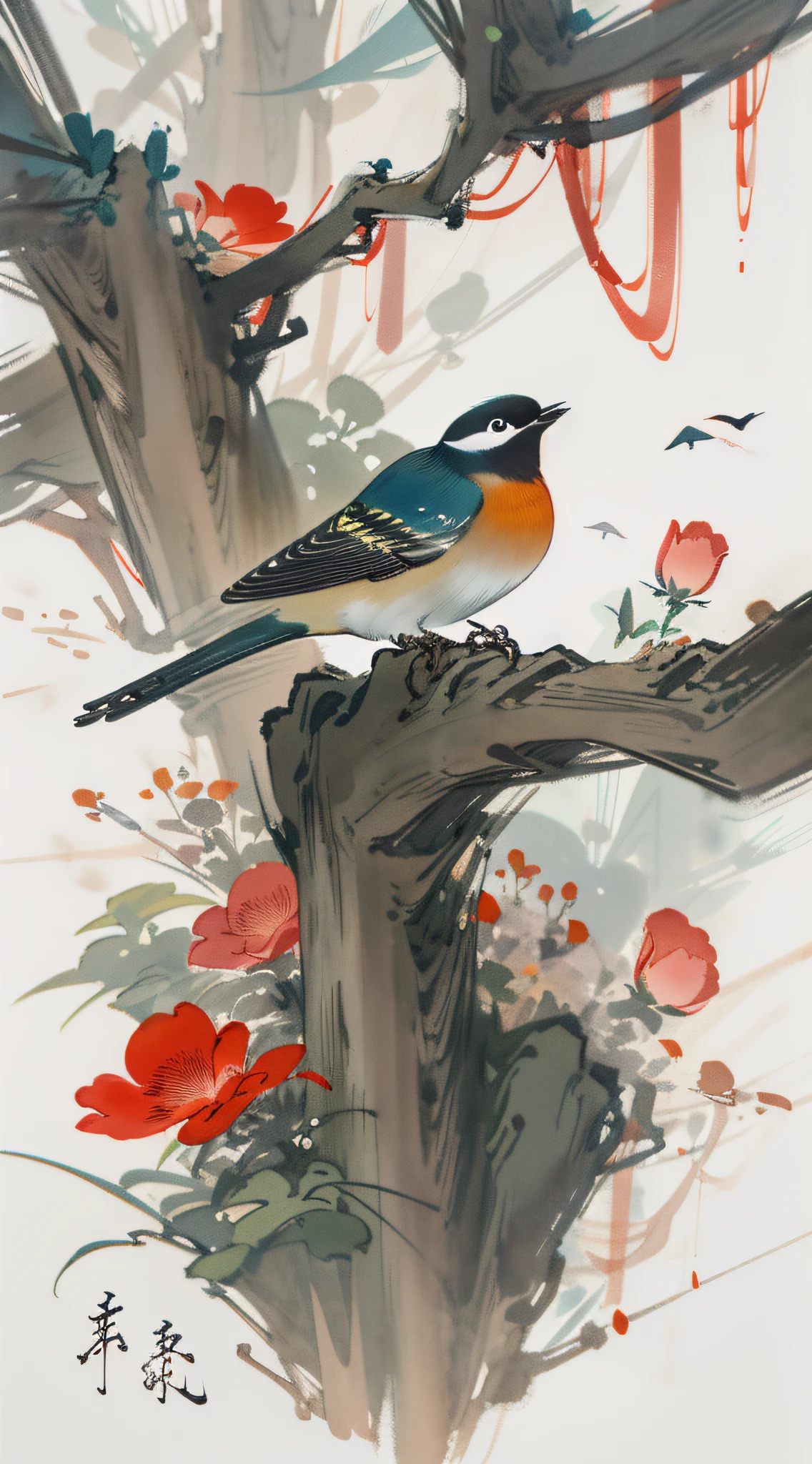 Flowers and birds, [(white background:1.5)::5], medium view, full body, chinoiserie, flowers, stone fragments, beautiful and delicate water, wood grain floor,