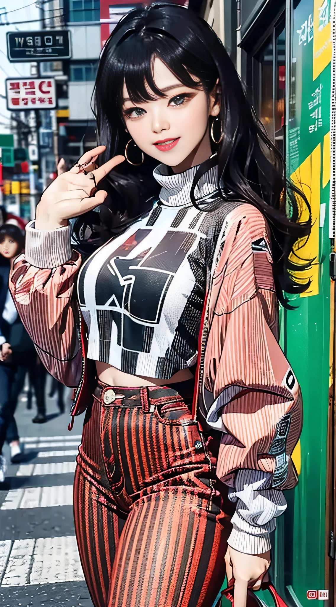 (masterpiece, best quality), beautiful woman, printed cropped turtleneck shirt, jacket, jeans, wavy hair, asymmetrical bangs, waving at the viewer, perfect face, beautiful face, alluring, big gorgeous eyes, soft smile, perfect slim fit body, city streets, (outdoor), seoul, bright colors