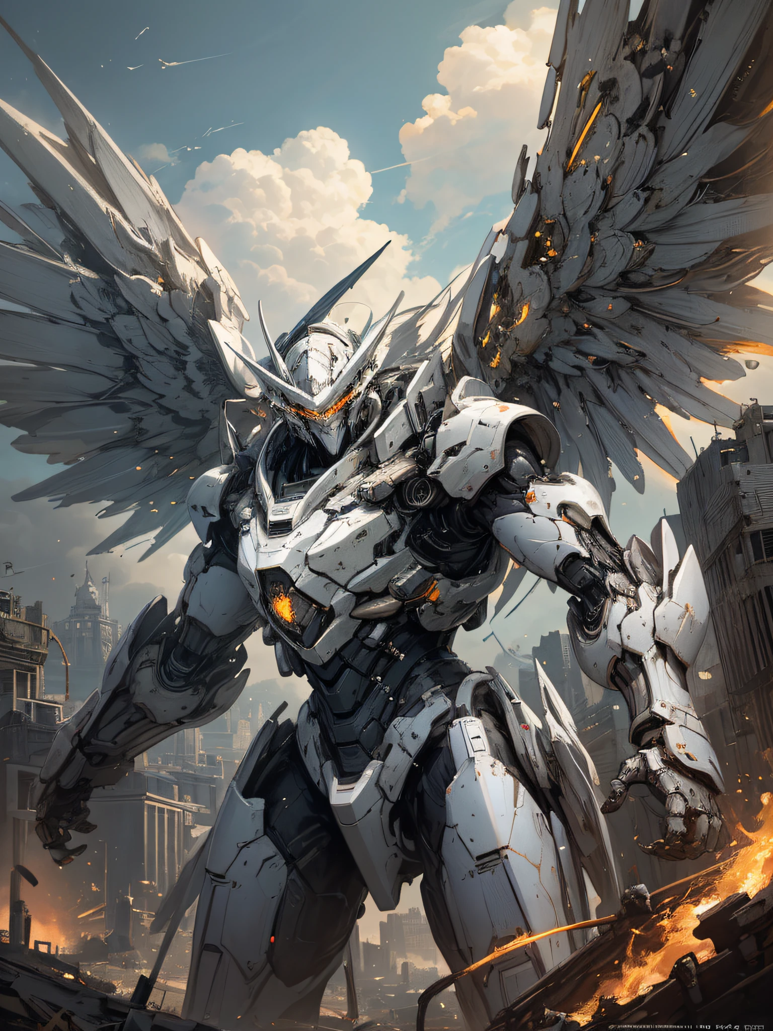 (masterpiece, best quality:1.3),extremely high detailed, intricate, 8k, HDR, wallpaper, cinematic lighting, sky, cloud, holding weapon,  glowing, armor, building, glowing eyes, mecha, science fiction,space, realistic,mecha, wings,