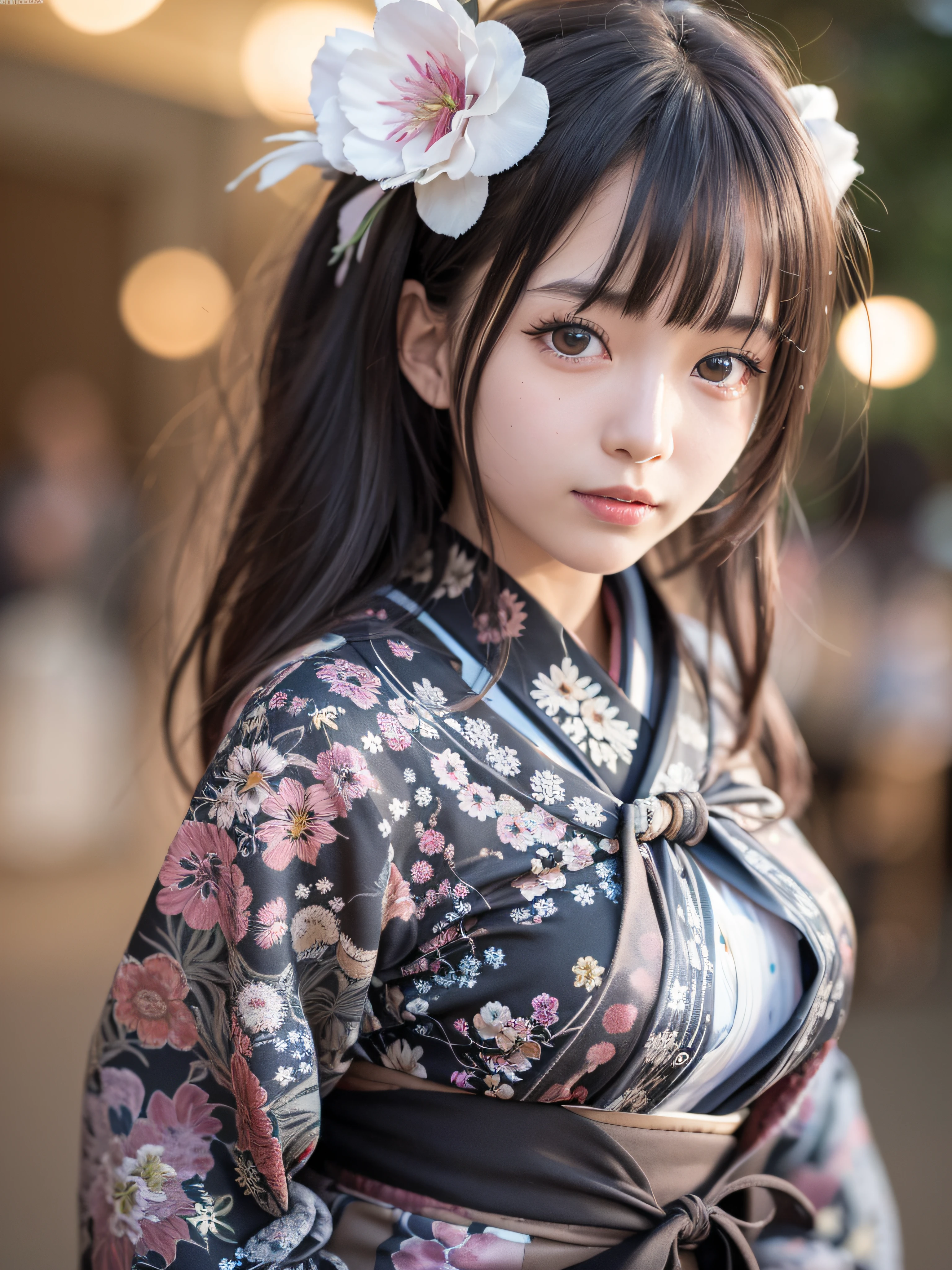 (realistic, photo-realistic:1.37), incredibly absurdres, (insanely detailed:1.3), 8k, (masterpiece), (best quality:1.4), (ultra high res:1.2), (RAW photo:1.2), ultra detailed background, (unity 8k wallpaper), 1 nogizaka girl, utterly cute, (((bishojo))), (()), (gothic loliata-kimono), an exquisitely detailed and beautiful face and eyes and skin, detailed black shine hair, small-medium breasts, a-kimono with delicate, soft fabric, smile at the camera, cowboy shot, the star festival in july 7th, tanabata, at night, professionlighting