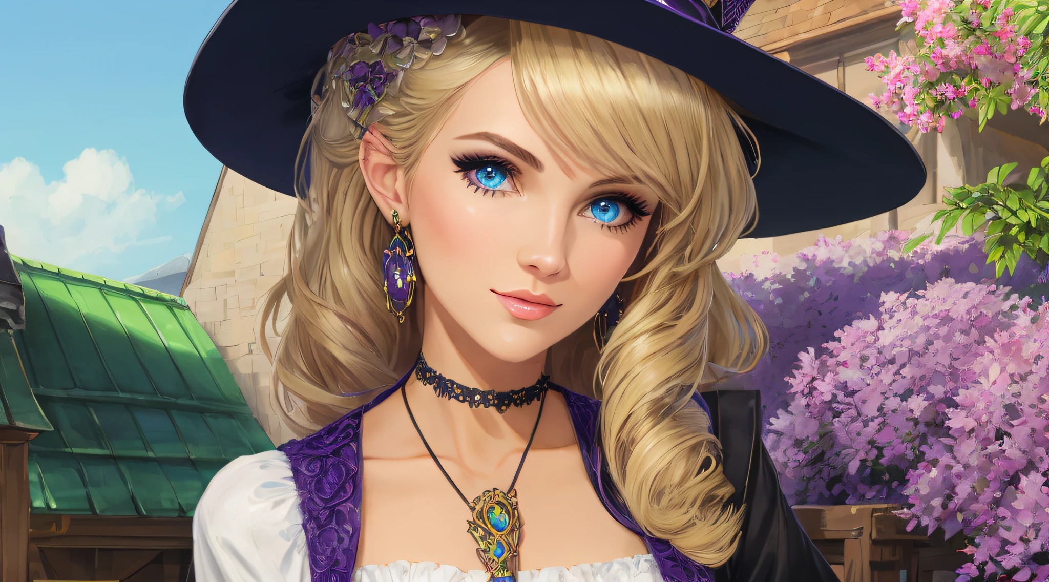 sexy blonde witch, ultra detailed blue eyes, ultra detailed face, ultra realistic, purple costume, 8k, real,