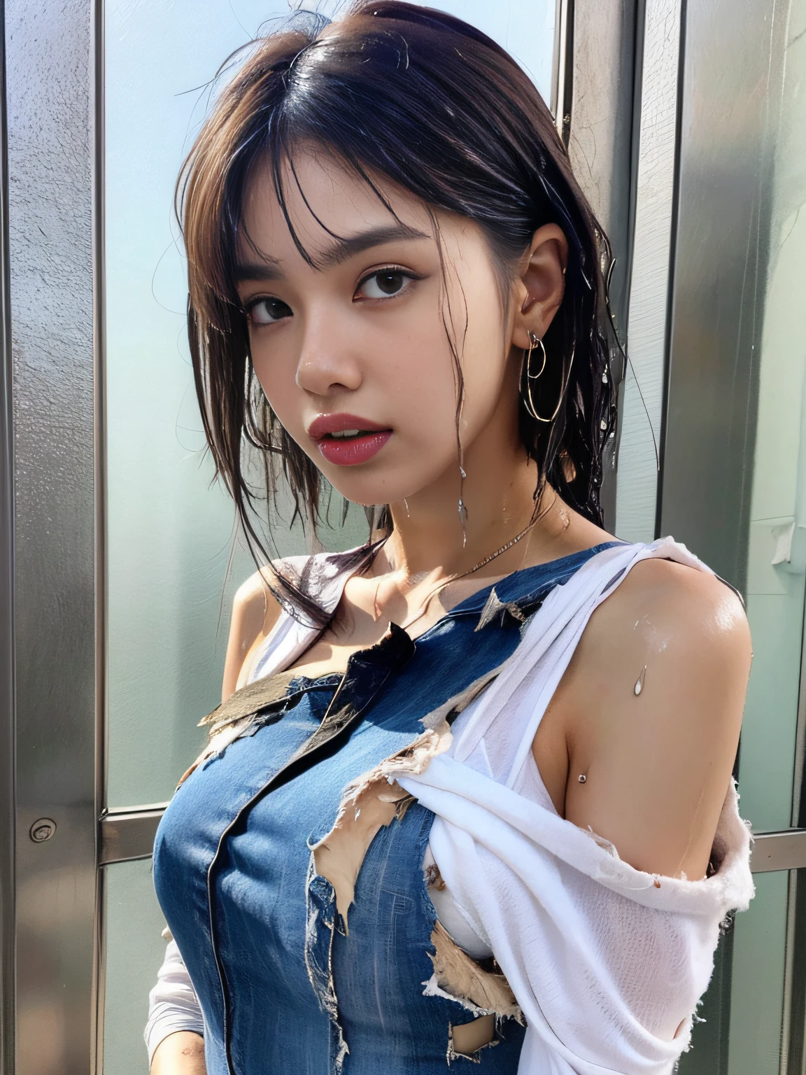 Best Quality, Masterpiece, Solo, __body-parts__, Kim Ji-ni Jennie Face, Ultra High Resolution, , Photos, 1 girl, white shirt, teardrops, (torn clothes:1.5), (wet clothes:1.4), bare shoulders, real rain, wet hair,..