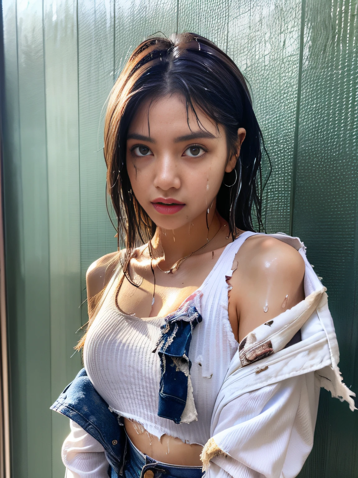Best Quality, Masterpiece, Solo, __body-parts__, Kim Ji-ni Jennie Face, Ultra High Resolution, , Photos, 1 girl, white shirt, teardrops, (torn clothes:1.5), (wet clothes:1.4), bare shoulders, real rain, wet hair,..