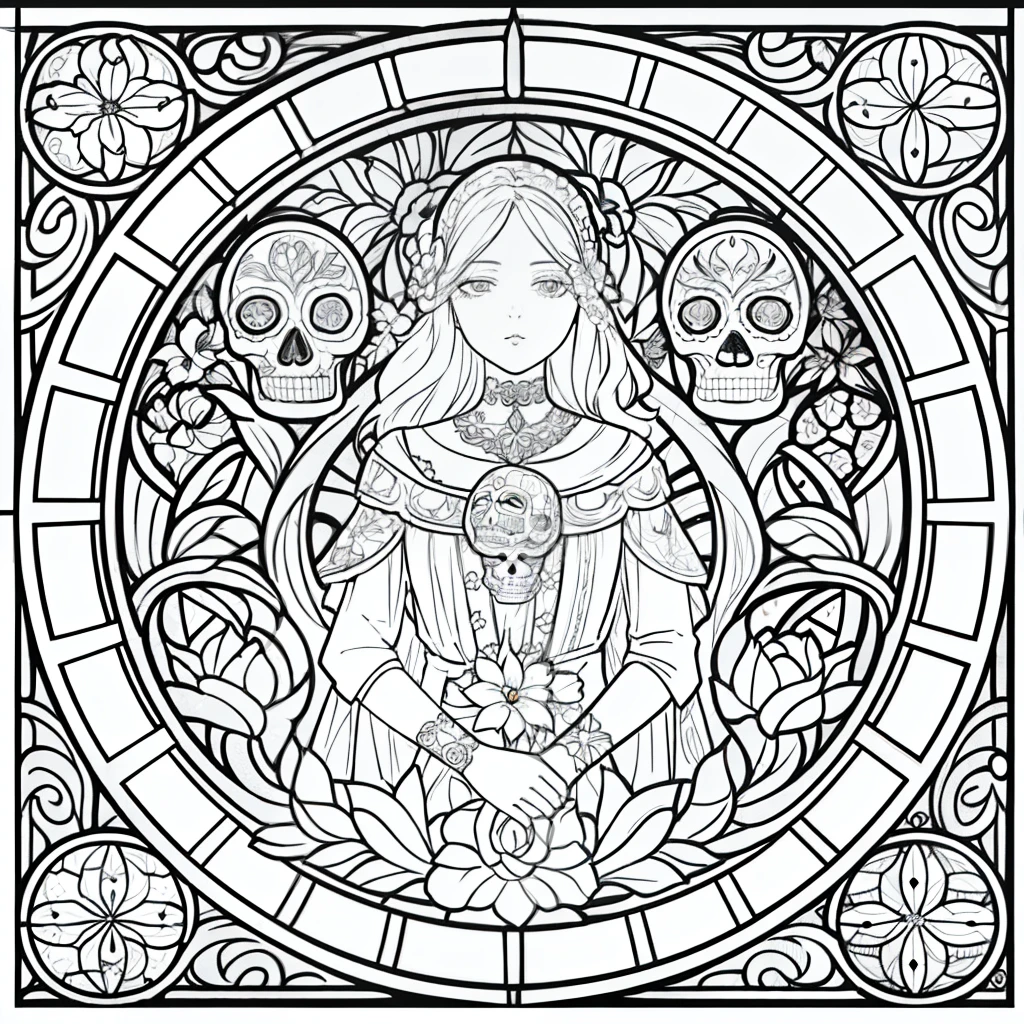 Masterpiece, best quality, (detailed background), high contrast, decorated sugar skull, flower background, medium and clean line drawings, stained glass type, art nouveau, vector