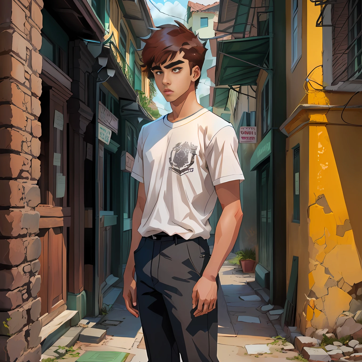 Young skinny high school boy standing in the middle of town, thick eyebrows, brown skin, Brazilian, normal brown eyes, brown hair with bangs, ugly boy, 2d character, comics style