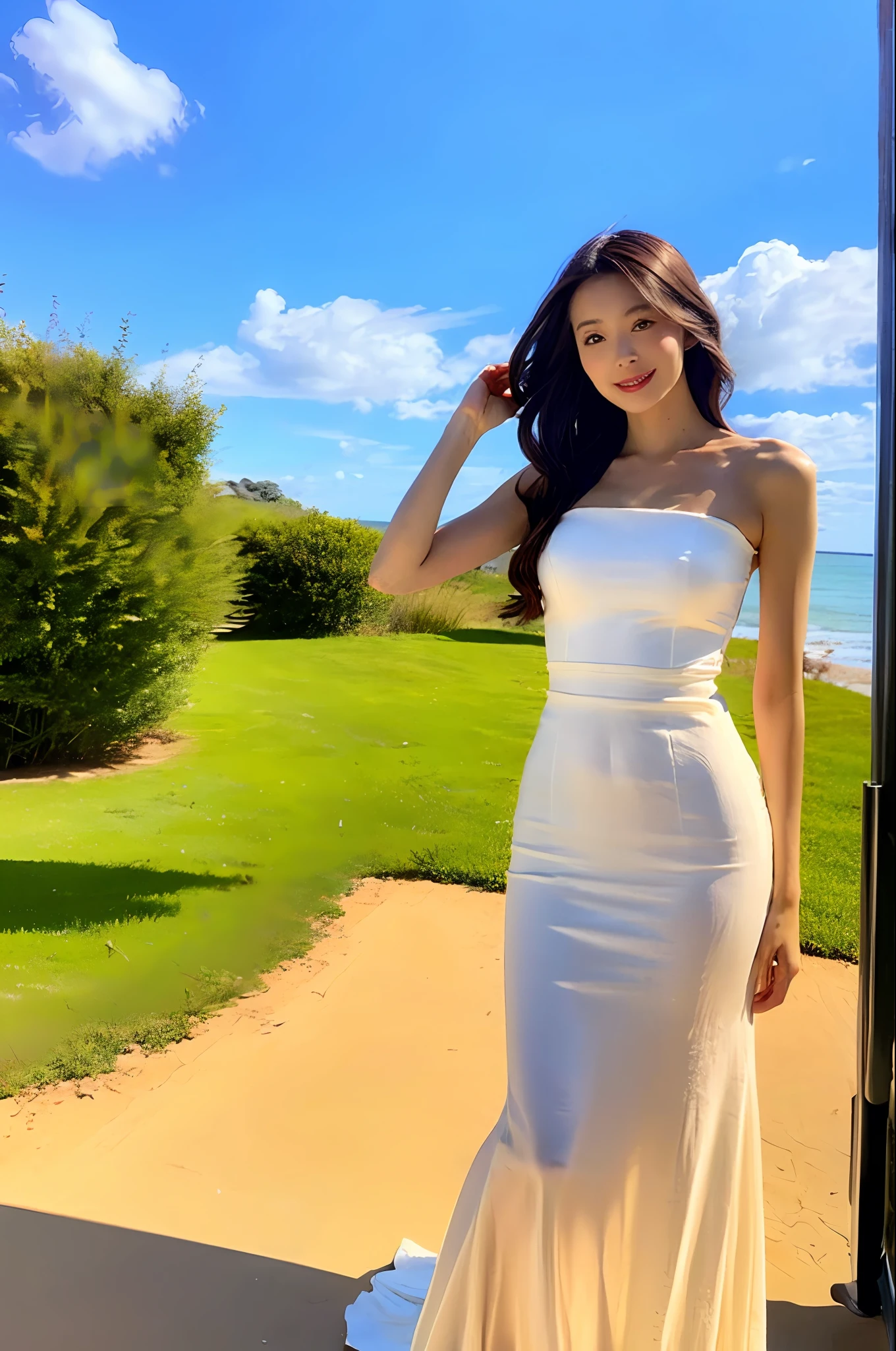 (Best Quality, 4K, Masterpiece, UHD, Real: 1.2), (Interior Lighting: 1.3), Natural Shadows, 1girl, Solo, 18 years old, wearing a white dress, (Fair skin: 1.3), Skin details, half-body, tall and thin beauty goddess, off-white flowing dress, stunning elegant posture, long and elegant, thin waist, elegant, confident, very beautiful, long skirt, blue sky, white clouds, beach,