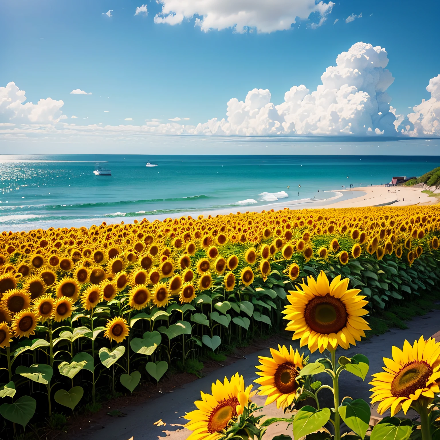 Sunflowers by the sea, the sky is blue, the sea is green, there are children next to the sunflowers --auto