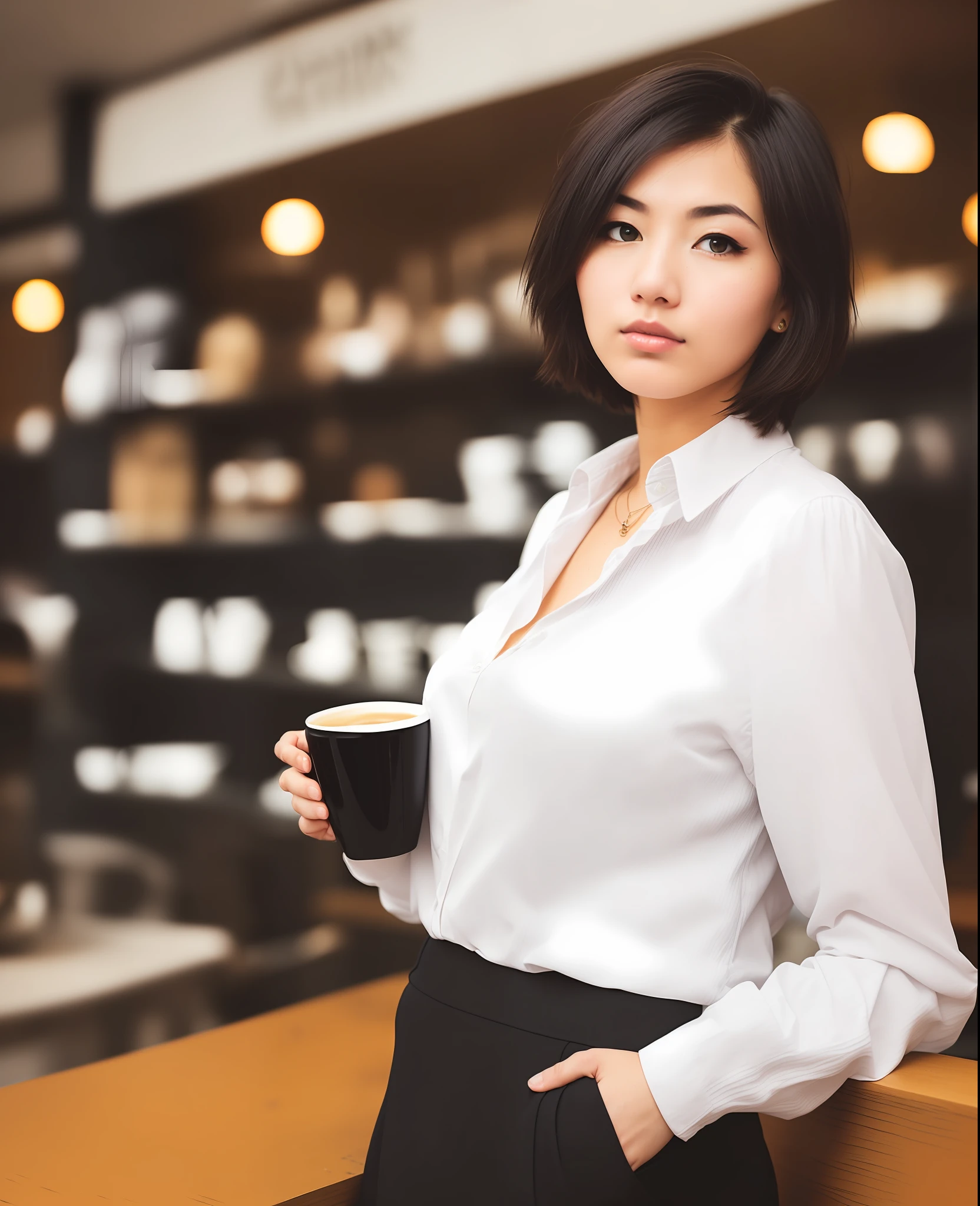 Asian businesswoman with short shoulder-length hair posing for photo in coffee shop