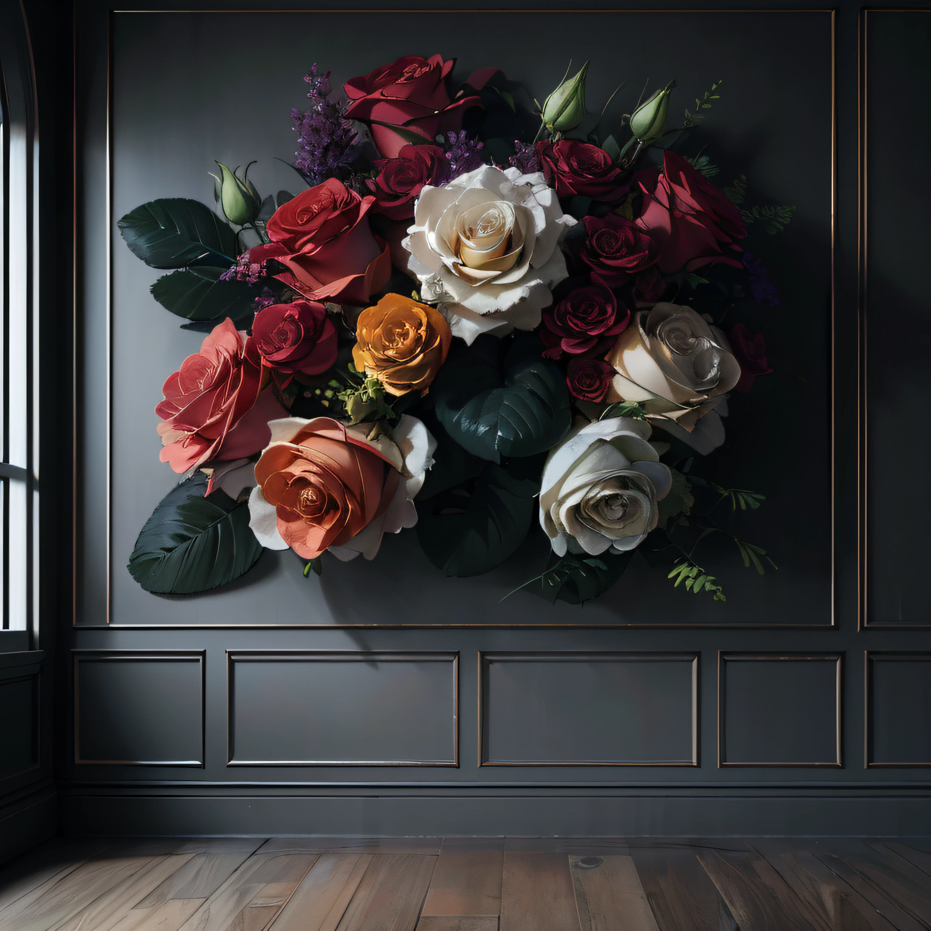 there is a large painting of roses on the wall in a room, roses in cinematic light, gorgeous composition, elegant flowers, hyper realistic detailed render, floral environment, hyper realistic 3 d render, elegant composition, roses and lush fern flowers, “hyper realistic, beautiful composition 3 - d 4 k, highly detailed digital artwork, very realistic 3 d render, awesome greate composition