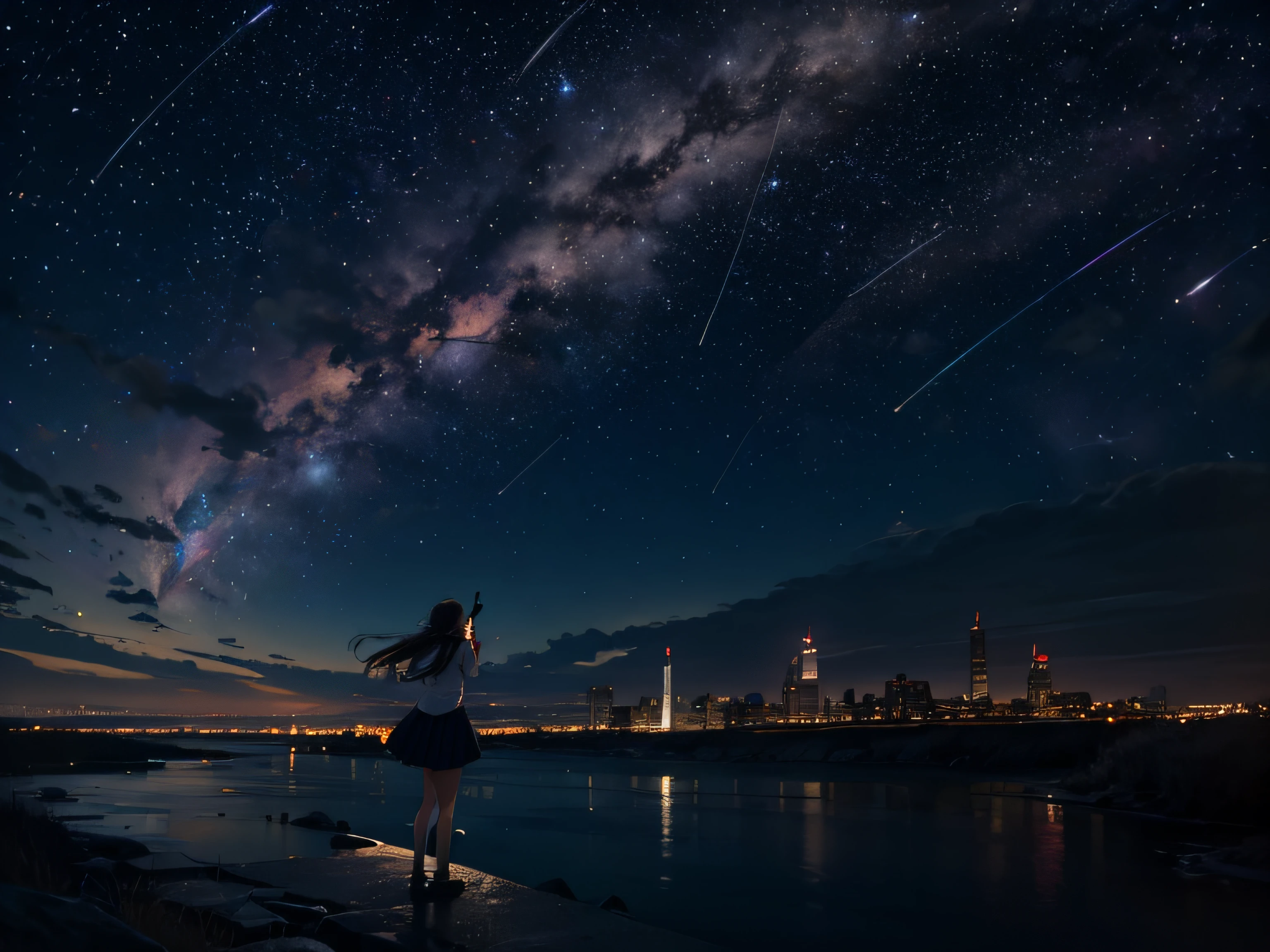 In the vast night sky, countless stars twinkle, illuminating the darkness like a celestial diamond. The Milky Way stretches across the heavens and is a river of light that guides the imagination. In this amazing sight, shooting stars stripe across the sky, leaving a trail of brilliance. A high school girl crouches down and looks up at the sky. The place is a big city with many buildings and countless small lights. The combination of starry sky, shooting stars, and the seamless union of the sparkling city and sky evokes deep serenity and awe. It is a moment when time stops and invites contemplation to connect with the vastness of the universe.