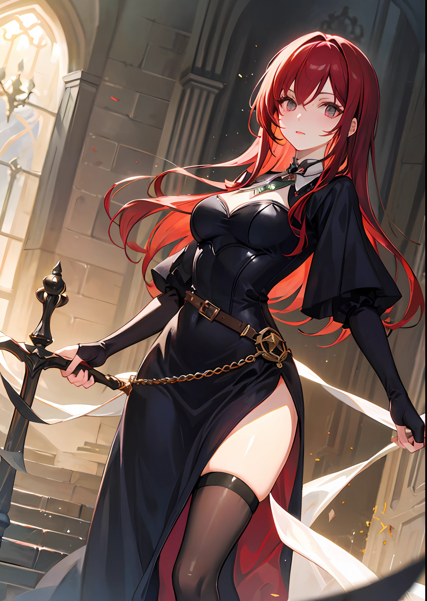 Young woman, with red hair, wearing witch clothes, with dark aura around her, with a knight in black armor by her side