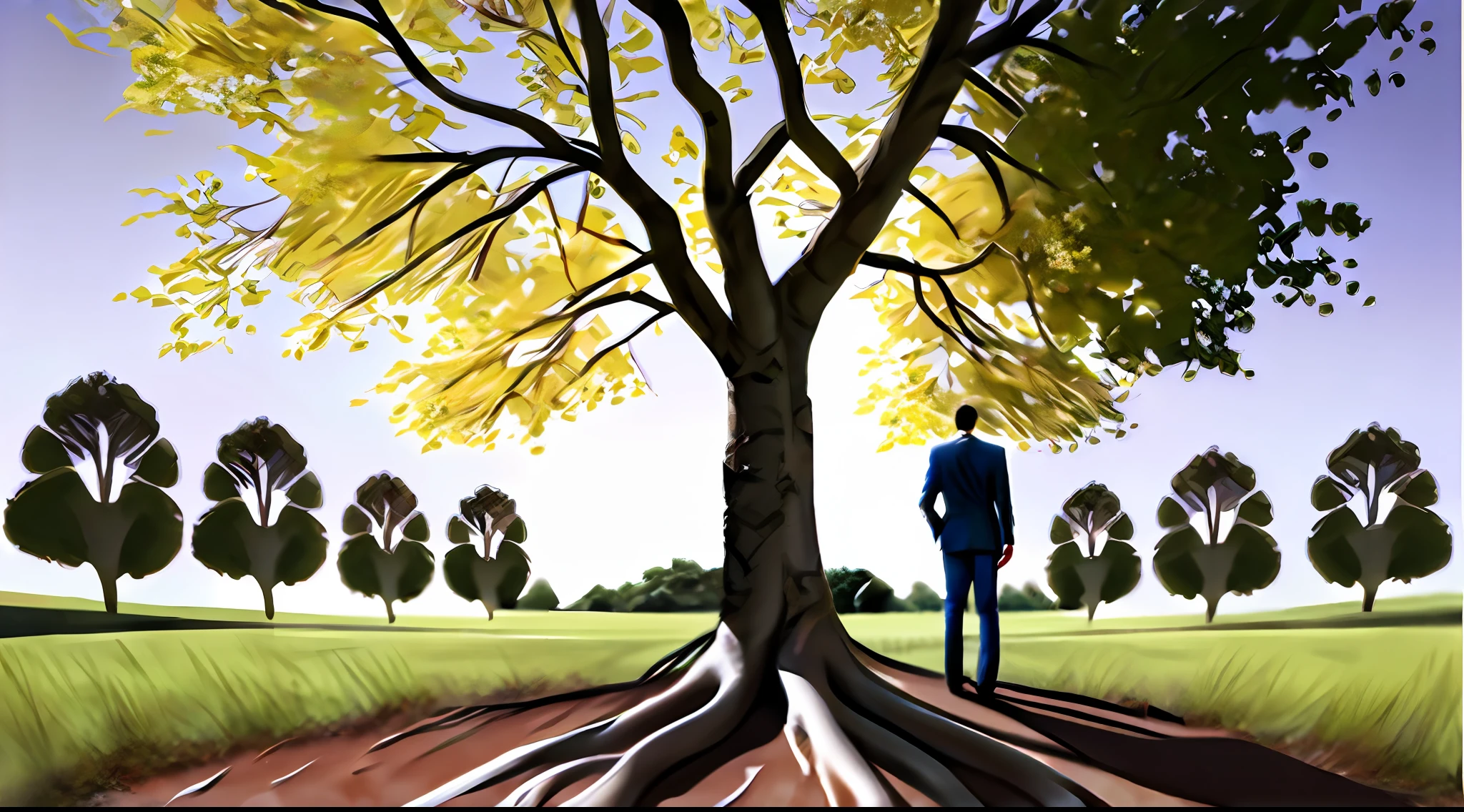 Pictures, beautiful photos, male suit and male shoes standing at the base of a tree, realistic, rear figure standing under a tree, taking a step, seen from behind, the ground is dirt, clear photo, realistic tree, looking up