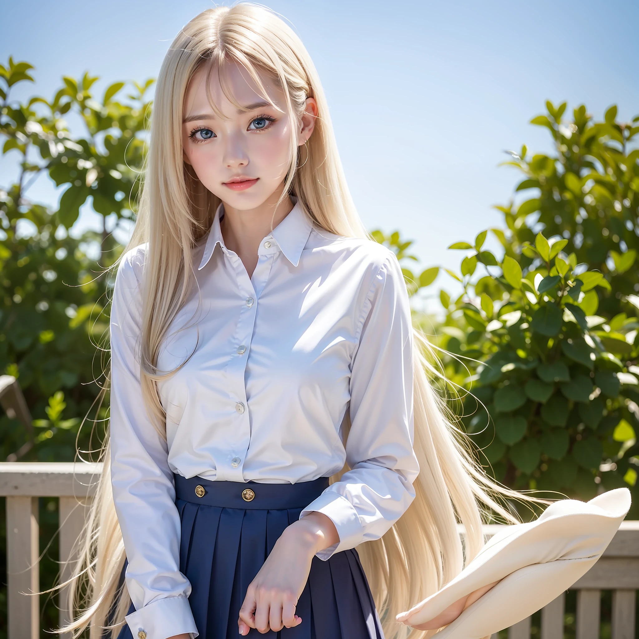 Single girl, school uniform, blue sky, bright and very beautiful face, young shiny white shiny skin, best good looks, beautiful platinum blonde super long silky straight hair shiny shiny, long swaying bangs, tremendously beautiful 17 years old, shining clear light blue big eyes, beautiful lovely beautiful girl