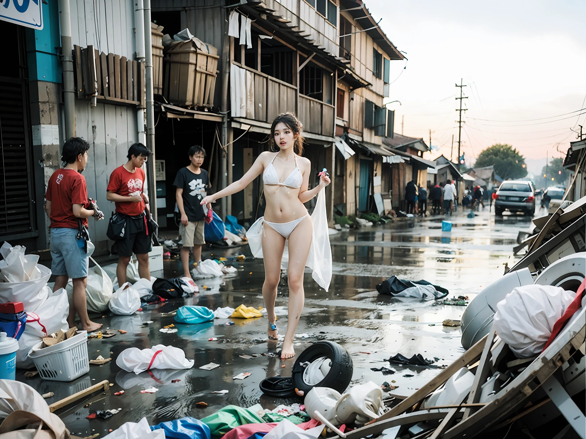 Slums, people come and go, lots of men, an Asian beauty, spread legs, full of garbage, dirty, pee, garbage, masterpiece, best quality, highly detailed, white transparent bikini, barefoot, sloppy