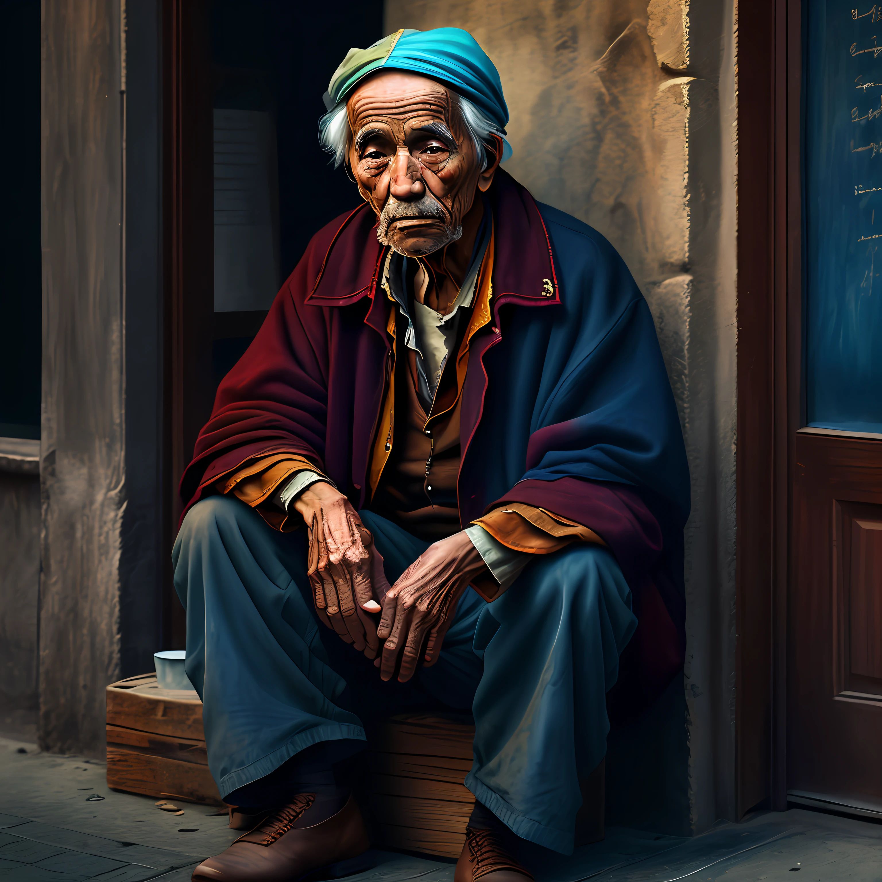 An old beggar, colorful,
yang08k, photography, beautiful, black background,
masterpieces, top quality, best quality, official art, beautiful and aesthetic, realistic,