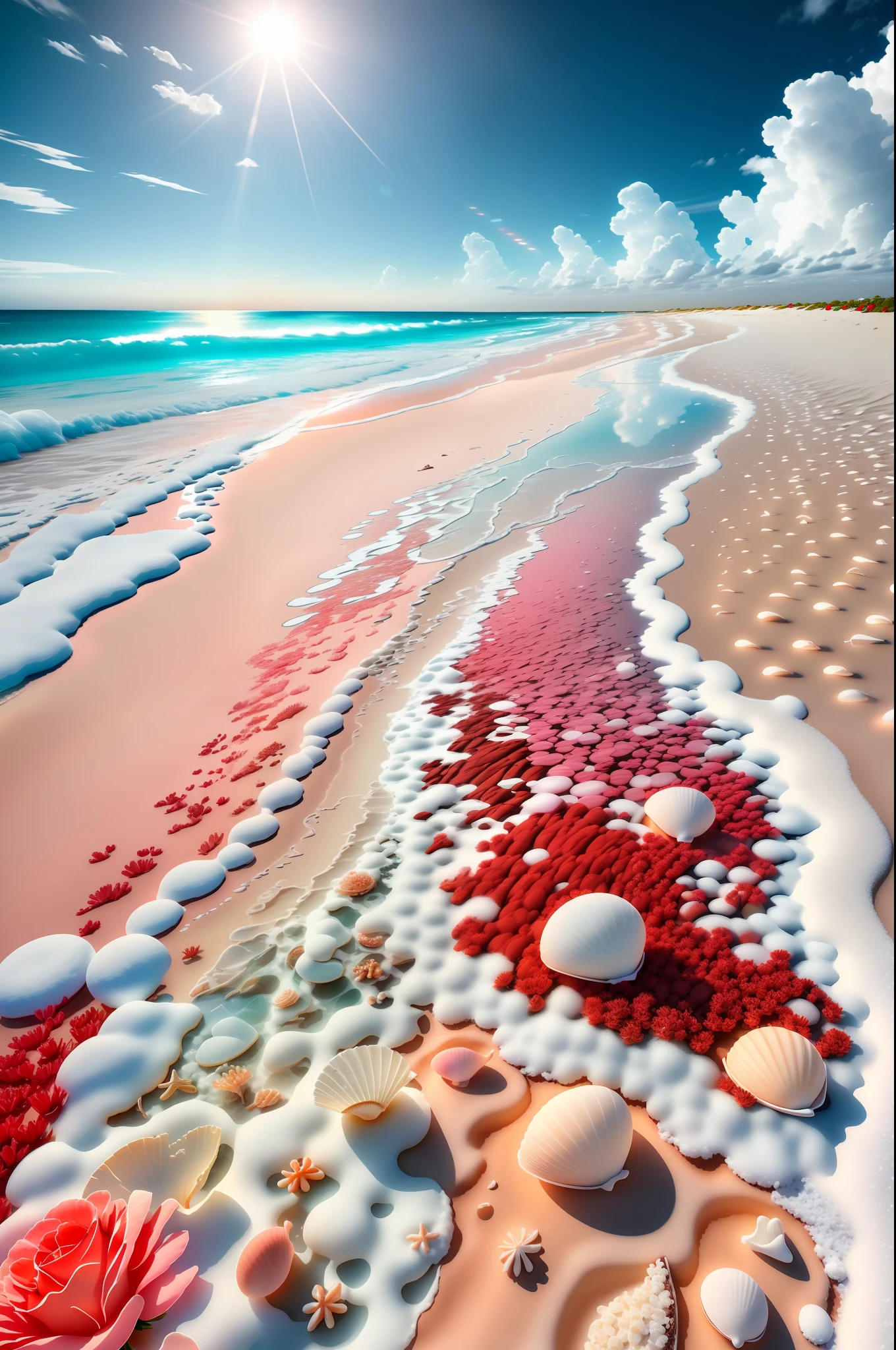 delicate scene,depth of field, 8K, The ivory sky,white clouds,and sunlight shine on the snow-white beach. The coral sea,and many colorful tinny shells on the beach,red roses, roses focus,