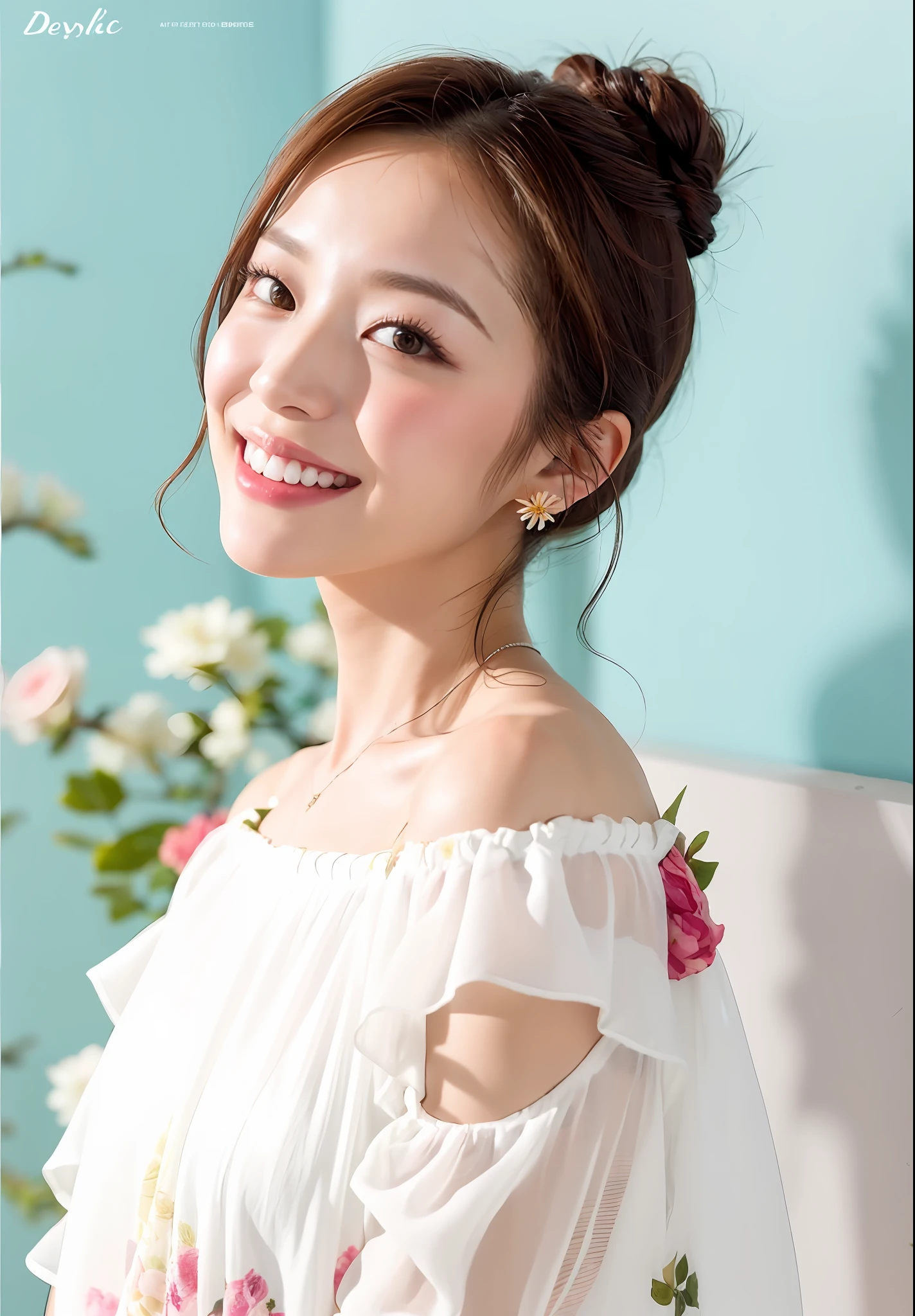 Flowers all over the wall, (best light: 1.2, cute Korean girl: 1.2, [white dress: 1.3], wearing pink long-haired mink bandeau dress, holding a white rabbit in her hand, multicolored flower wall, poster level, flowers on the wall are not crowded, elegant and colorful: 1.1, bright and moving: 1.1, [ultra-detailed: 1.2 + dynamic pose + delicate: 1.2],), big breasts, pursed lips and smiles, The sides are five-colored flowers, the wall is pink hydrangeas, roses, colorful chrysanthemums, and the background wall is a wall of flowers dominated by pink