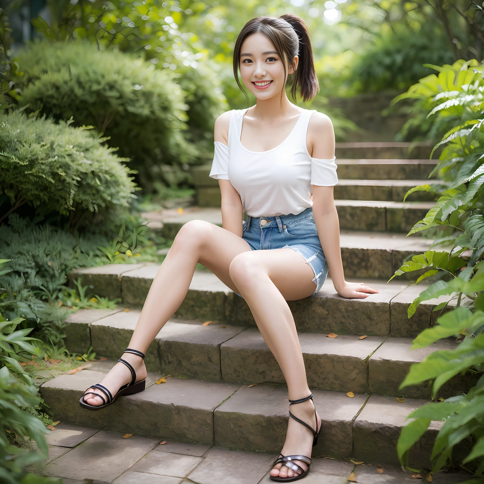 Perfect figure, (oil: 0.6), one girl, ponytail, (very detailed face), full body photo, energetic, smile, white slip top, denim shorts, sweaty, park in the forest, sitting on steps, fountain, flower garden, Looking at the viewer gently and affectionately, ultra-detailed beautiful background drawn by professional illustrator,background with a sense of perspective
